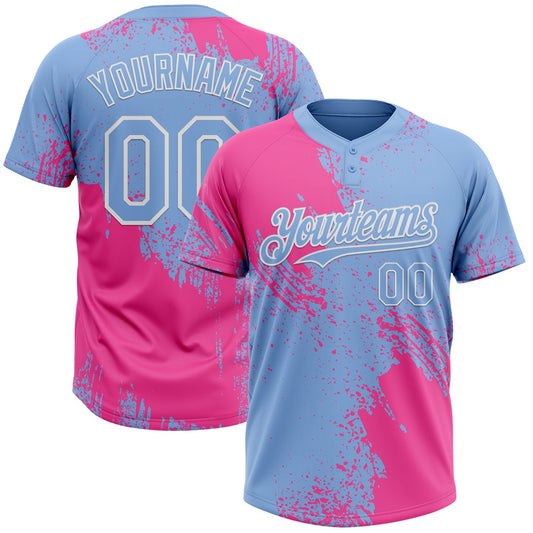 Custom Pink Light Blue-White 3D Pattern Abstract Brush Stroke Two-Button Unisex Softball Jersey - Main View