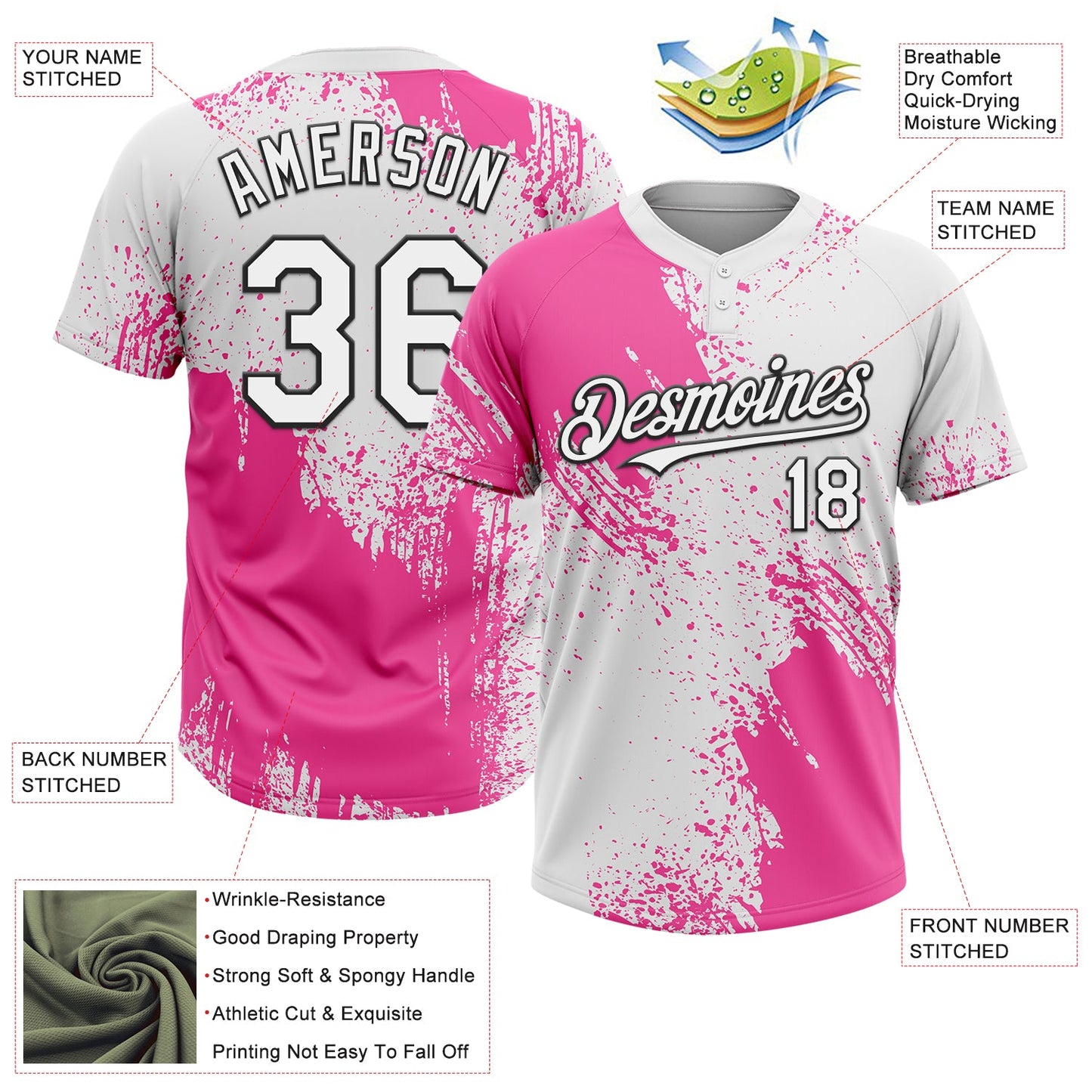 Custom Pink White-Black 3D Pattern Abstract Brush Stroke Two-Button Unisex Softball Jersey view 3