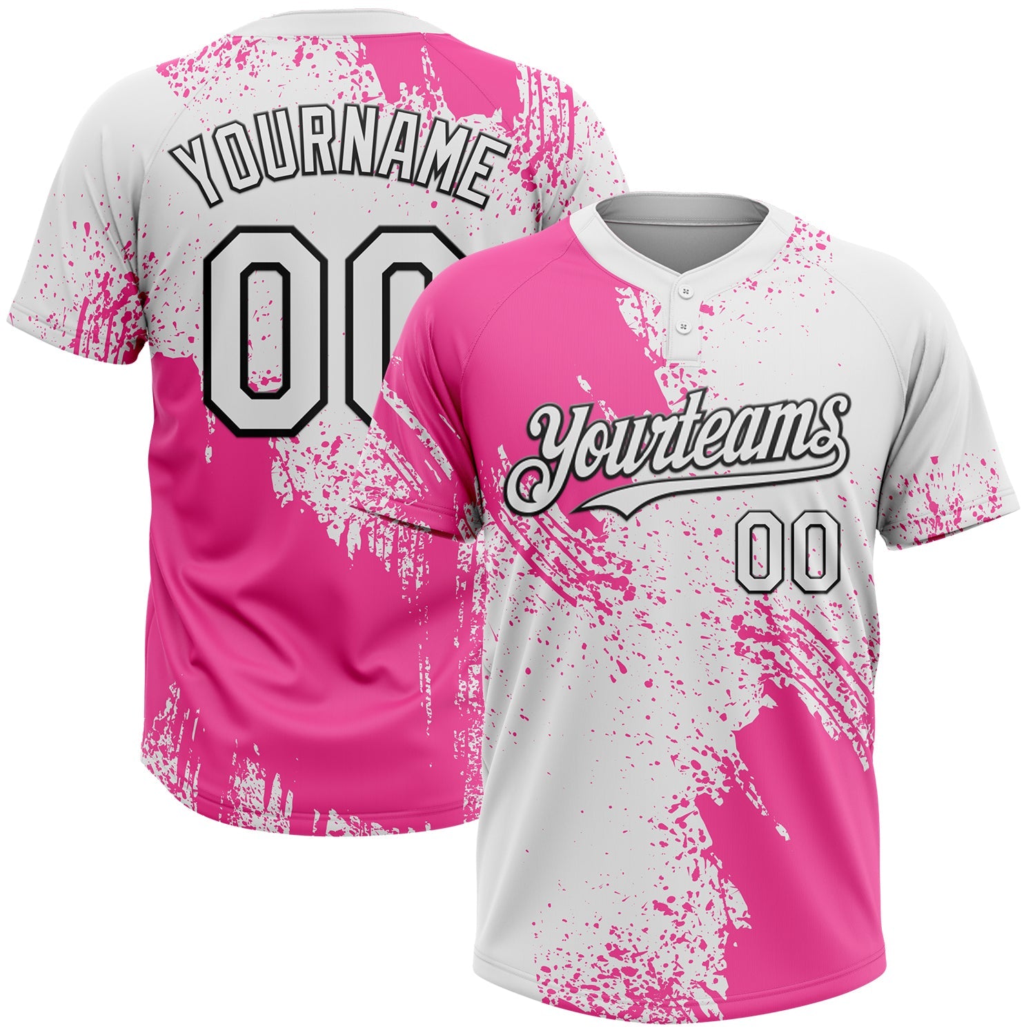 Custom Pink White-Black 3D Pattern Abstract Brush Stroke Two-Button Unisex Softball Jersey - Main View