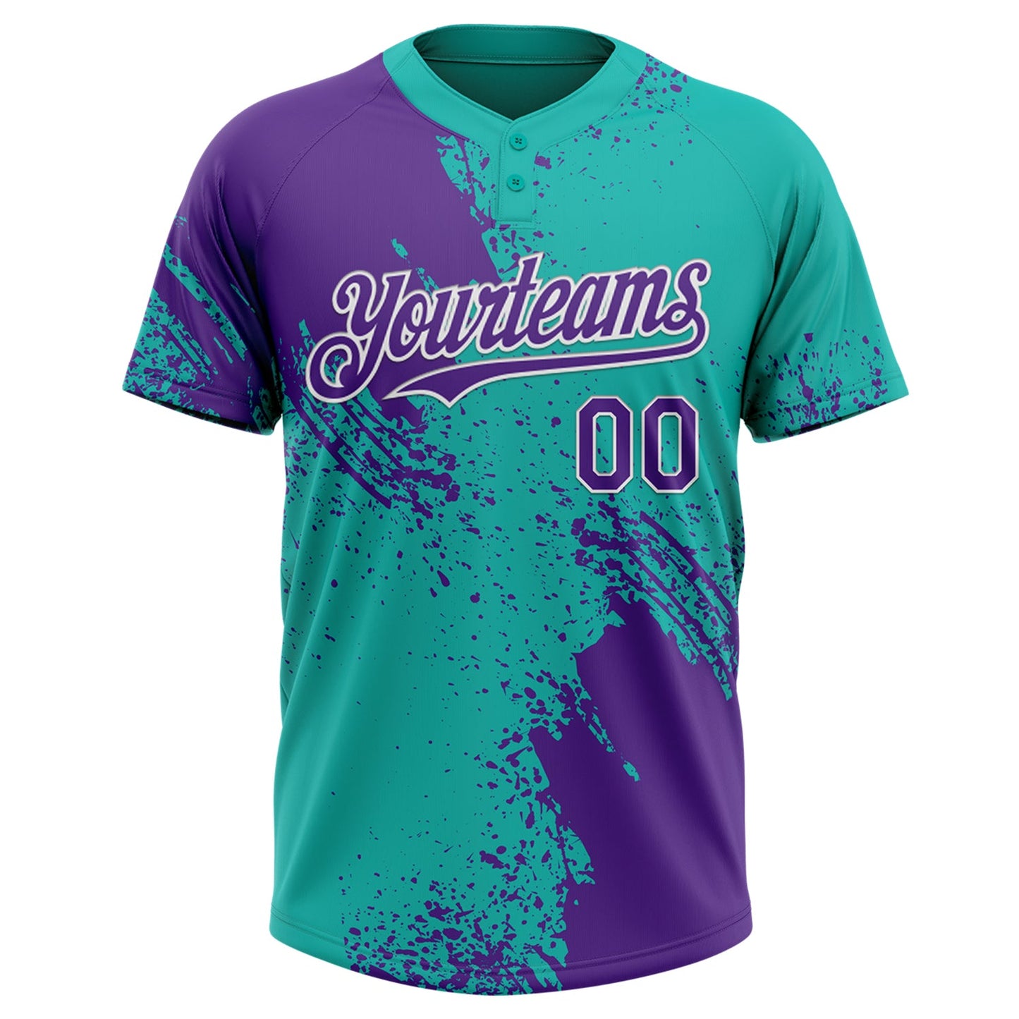 Custom Purple Aqua-White 3D Pattern Abstract Brush Stroke Two-Button Unisex Softball Jersey view 2