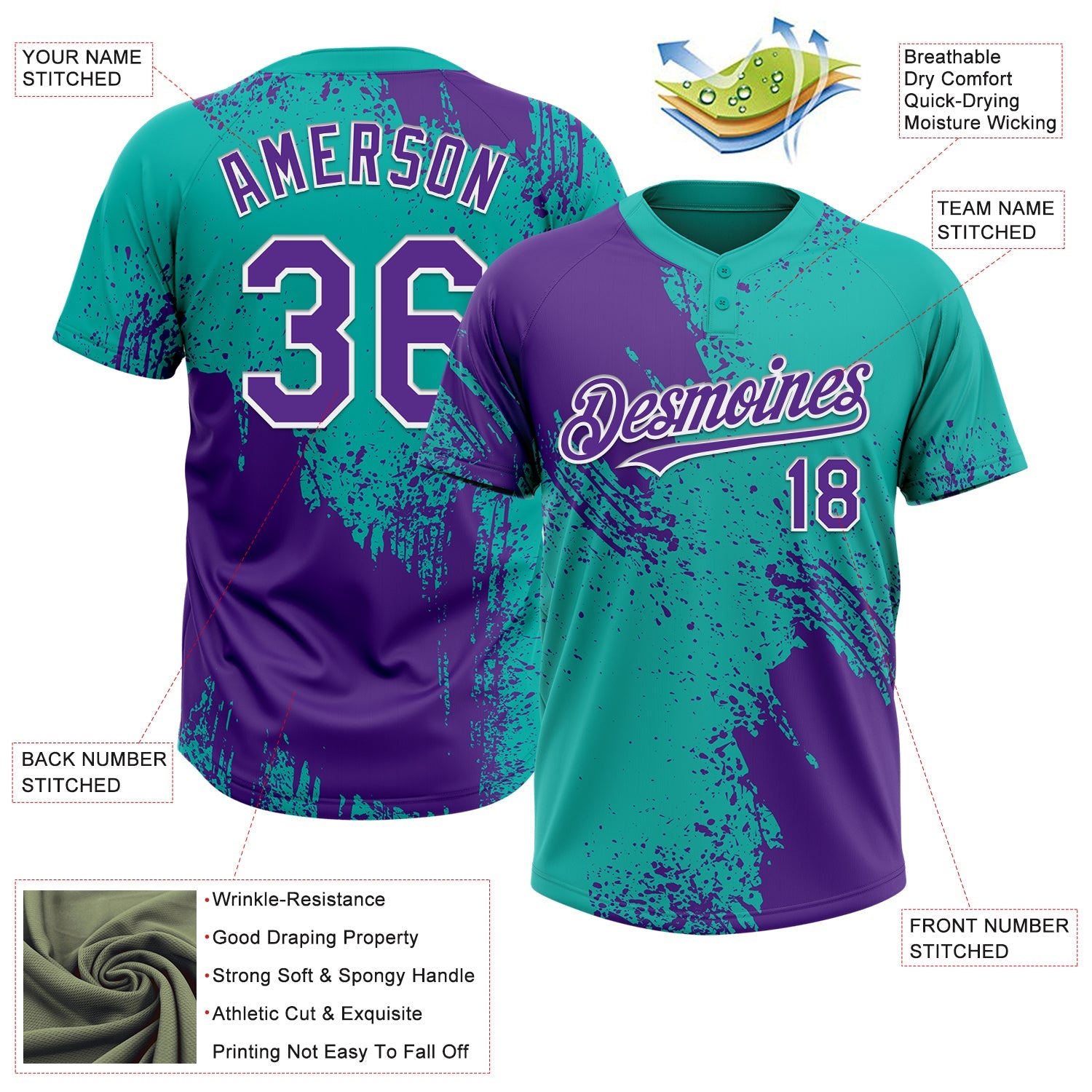 Custom Purple Aqua-White 3D Pattern Abstract Brush Stroke Two-Button Unisex Softball Jersey view 3