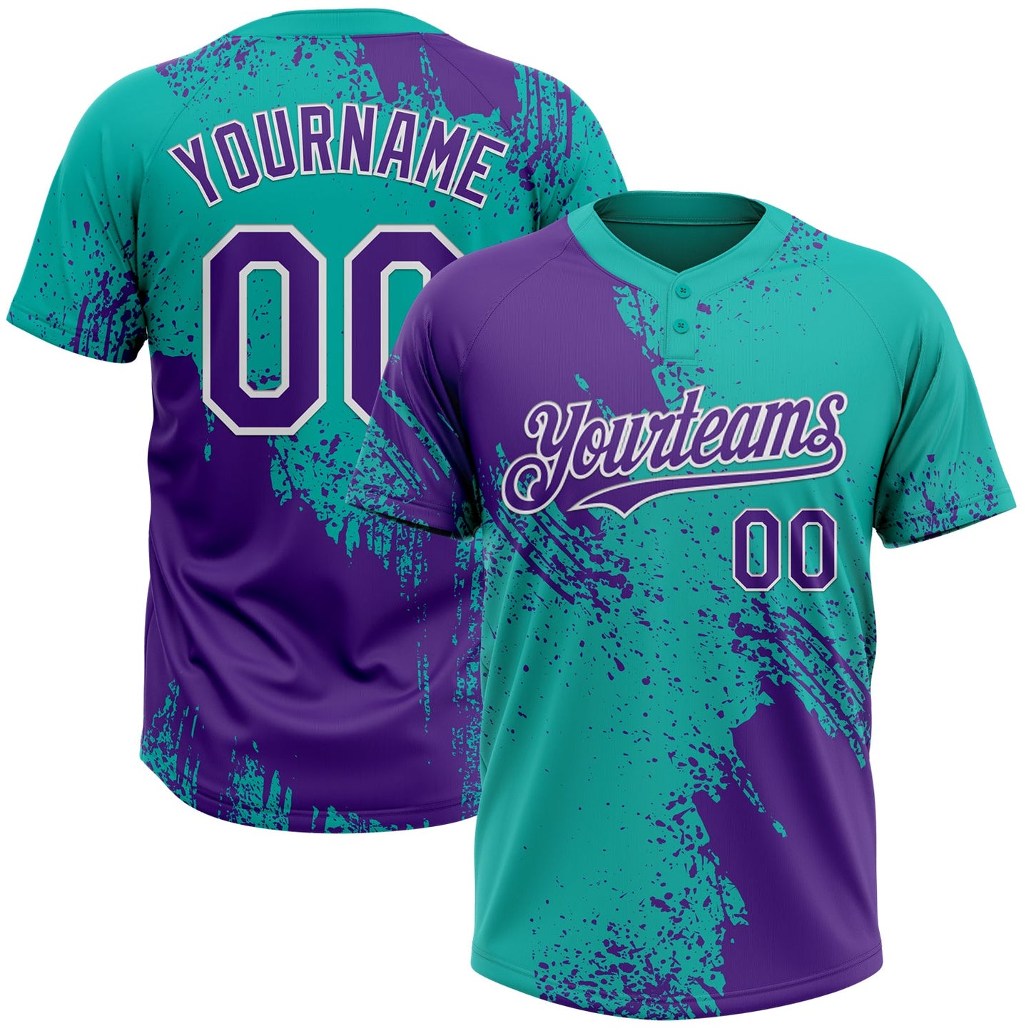 Custom Purple Aqua-White 3D Pattern Abstract Brush Stroke Two-Button Unisex Softball Jersey - Main View