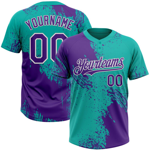 Custom Purple Aqua-White 3D Pattern Abstract Brush Stroke Two-Button Unisex Softball Jersey - Main View