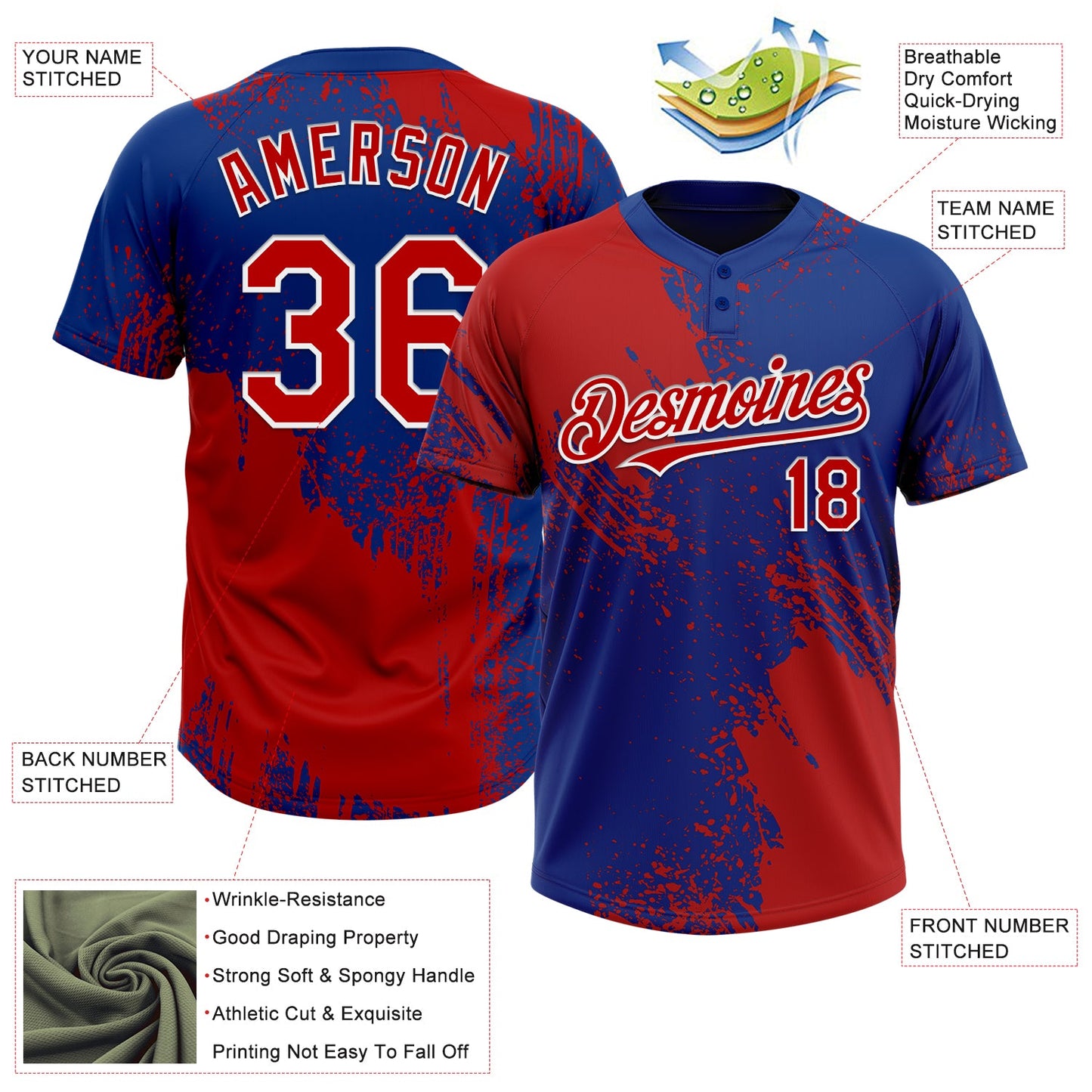 Custom Red Royal-White 3D Pattern Abstract Brush Stroke Two-Button Unisex Softball Jersey view 3