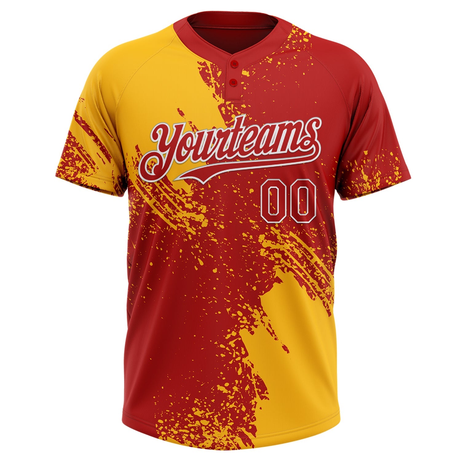 Custom Gold Red-White 3D Pattern Abstract Brush Stroke Two-Button Unisex Softball Jersey view 2