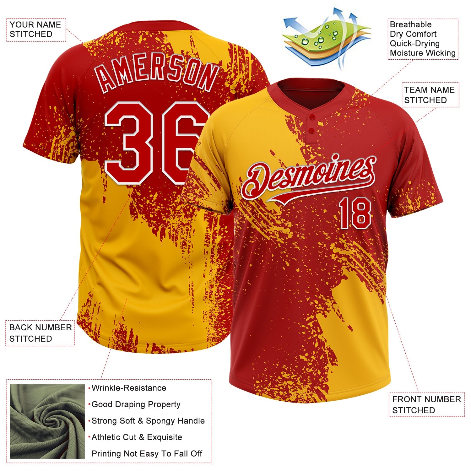 Custom Gold Red-White 3D Pattern Abstract Brush Stroke Two-Button Unisex Softball Jersey view 3
