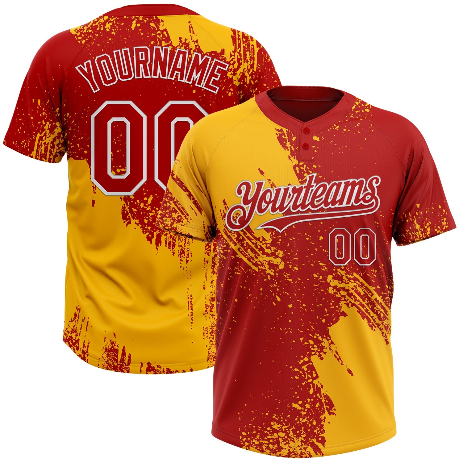 Custom Gold Red-White 3D Pattern Abstract Brush Stroke Two-Button Unisex Softball Jersey - Main View
