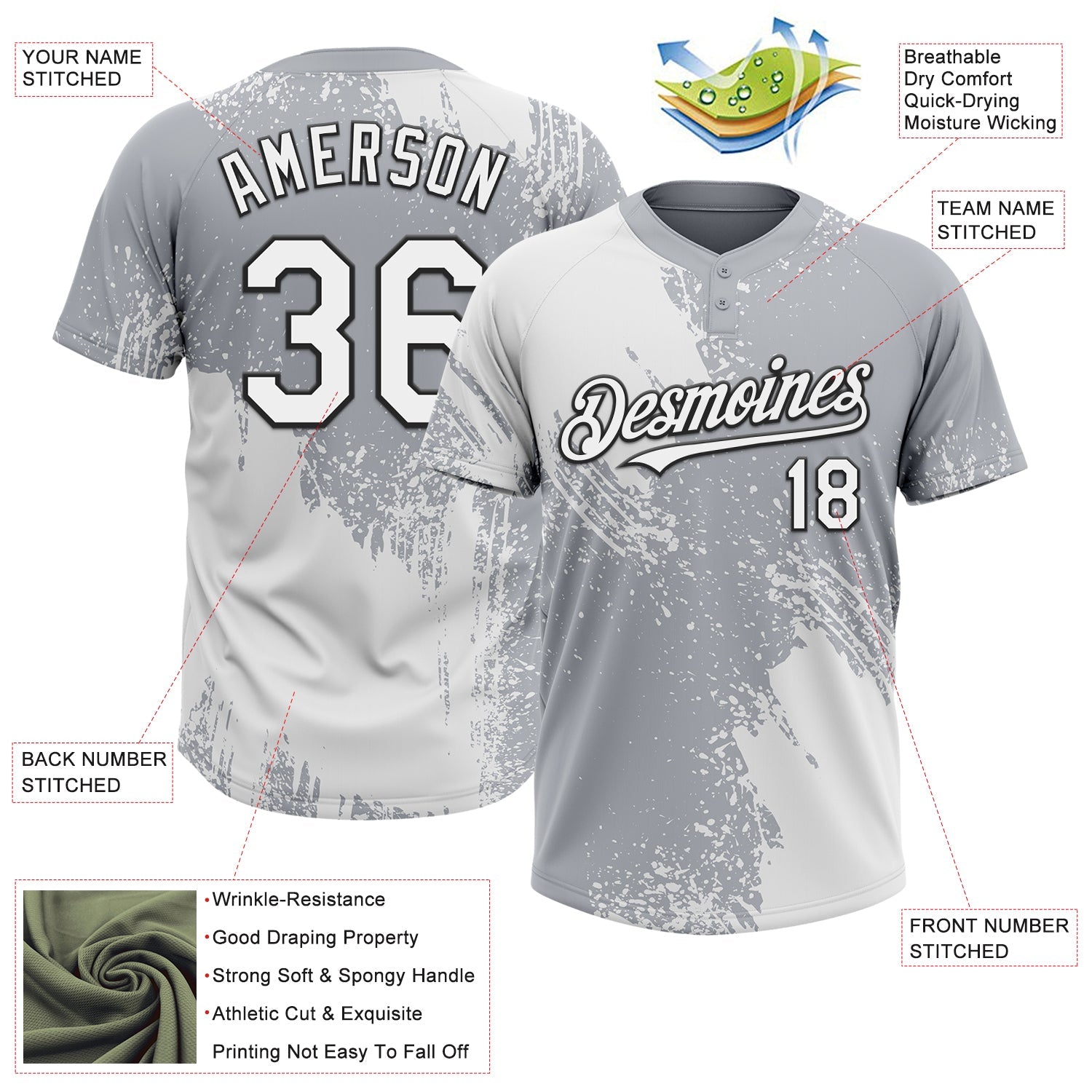 Custom White Gray-Black 3D Pattern Abstract Brush Stroke Two-Button Unisex Softball Jersey view 3