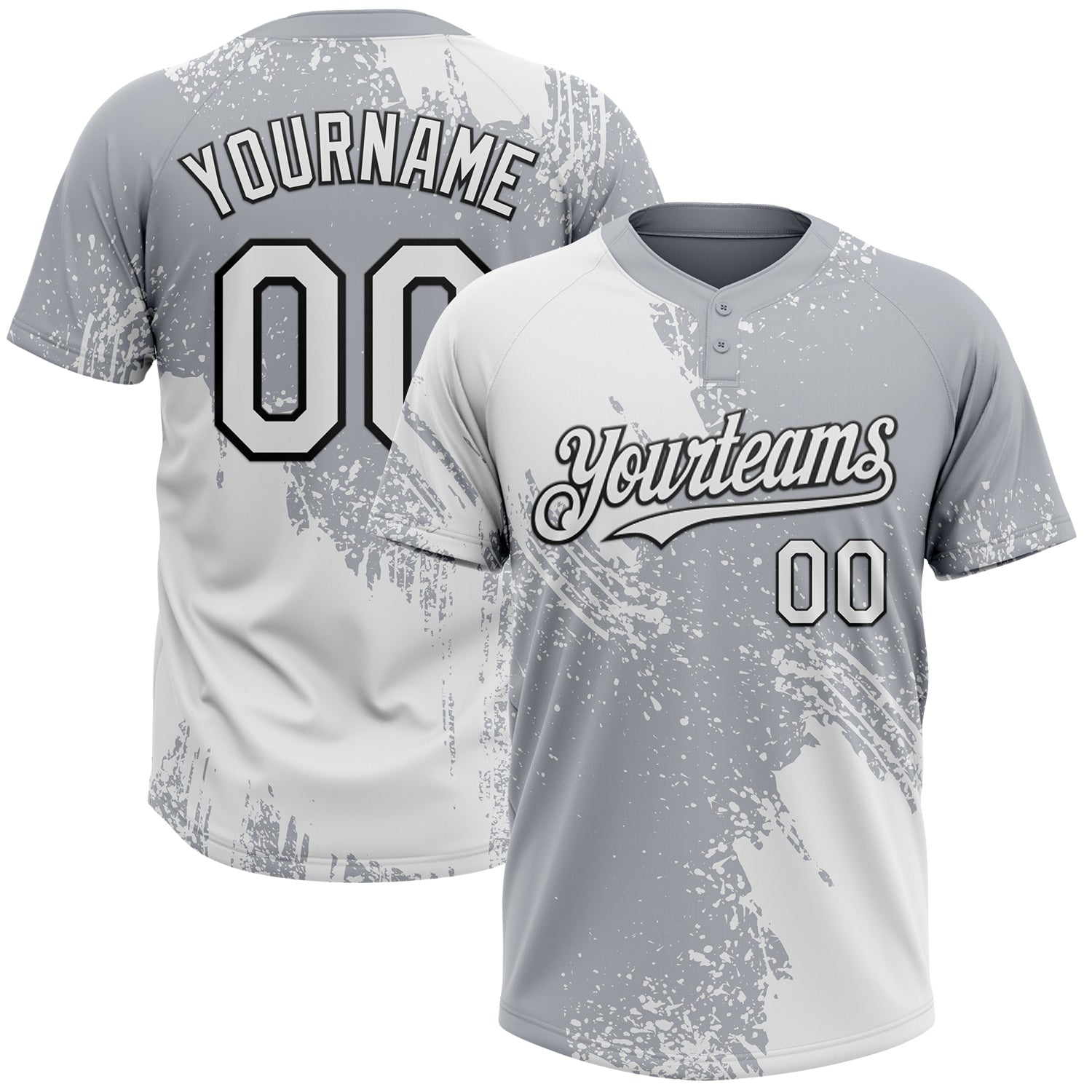 Custom White Gray-Black 3D Pattern Abstract Brush Stroke Two-Button Unisex Softball Jersey - Main View