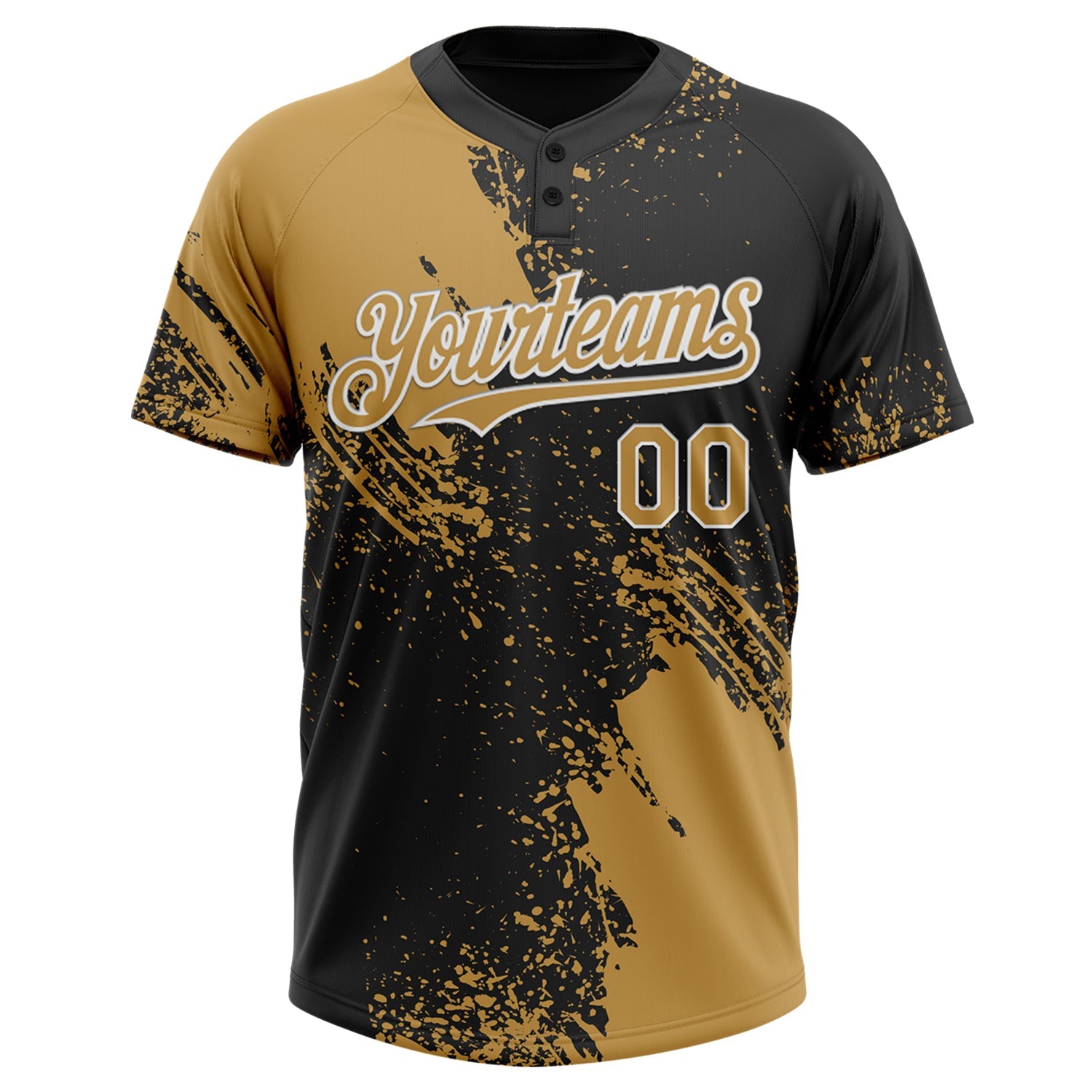 Custom Old Gold Black-White 3D Pattern Abstract Brush Stroke Two-Button Unisex Softball Jersey view 2