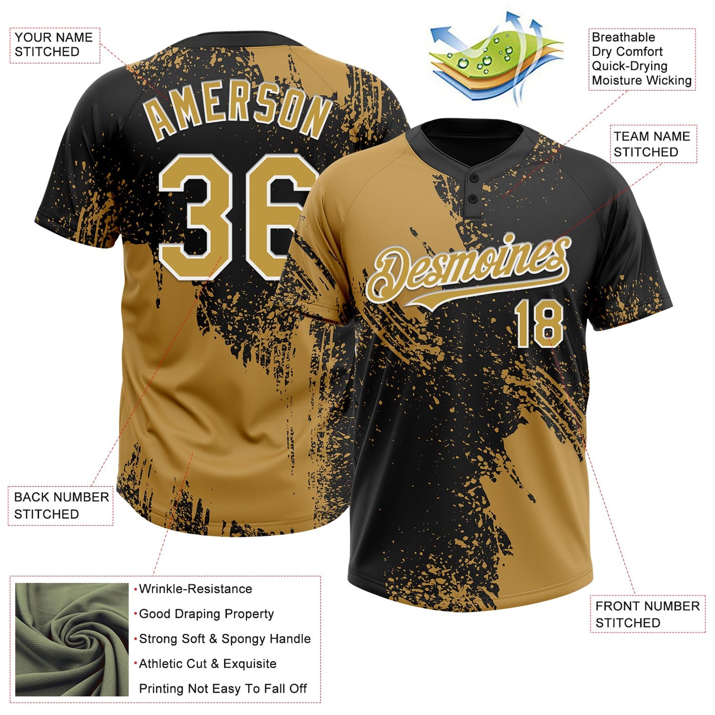 Custom Old Gold Black-White 3D Pattern Abstract Brush Stroke Two-Button Unisex Softball Jersey view 3