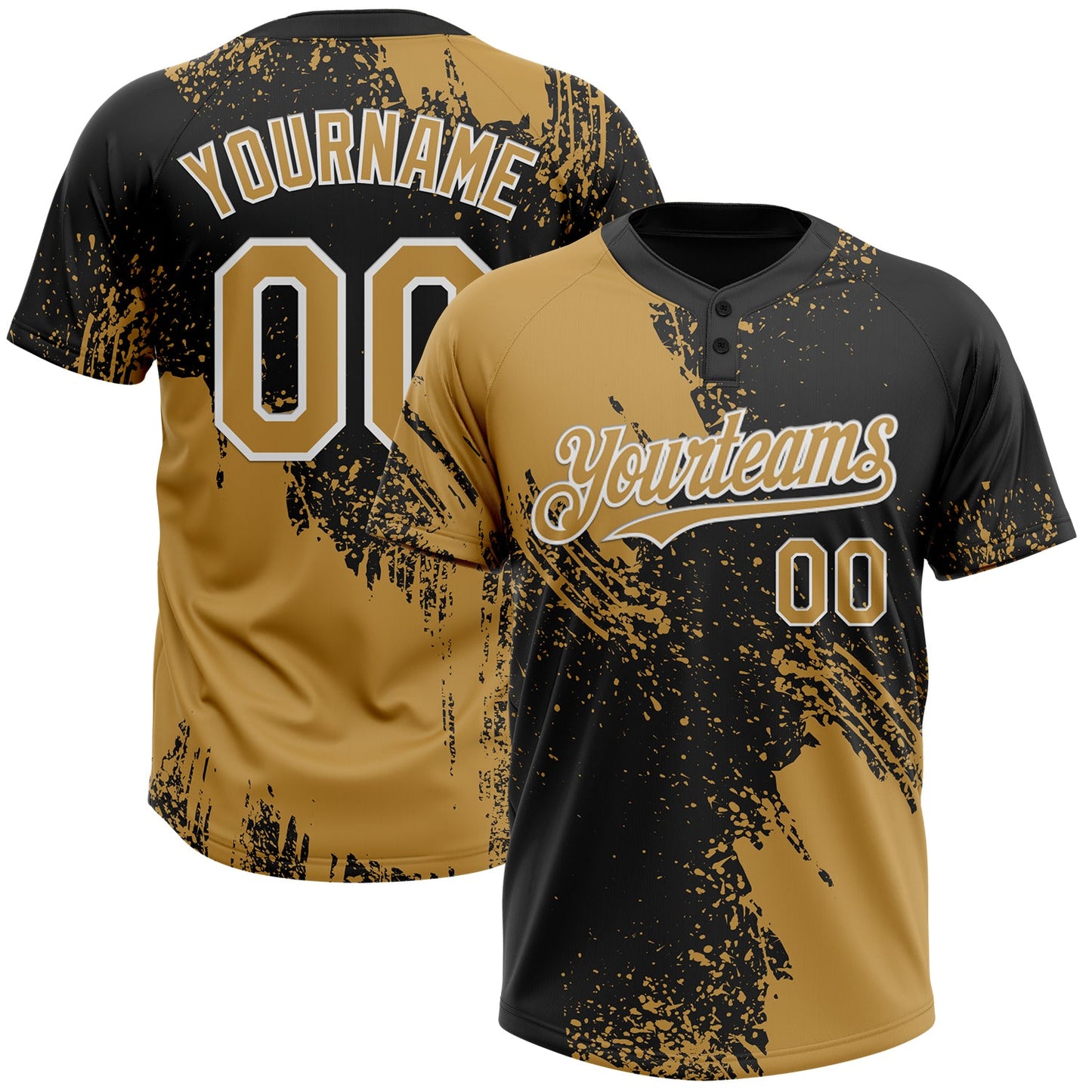 Custom Old Gold Black-White 3D Pattern Abstract Brush Stroke Two-Button Unisex Softball Jersey - Main View