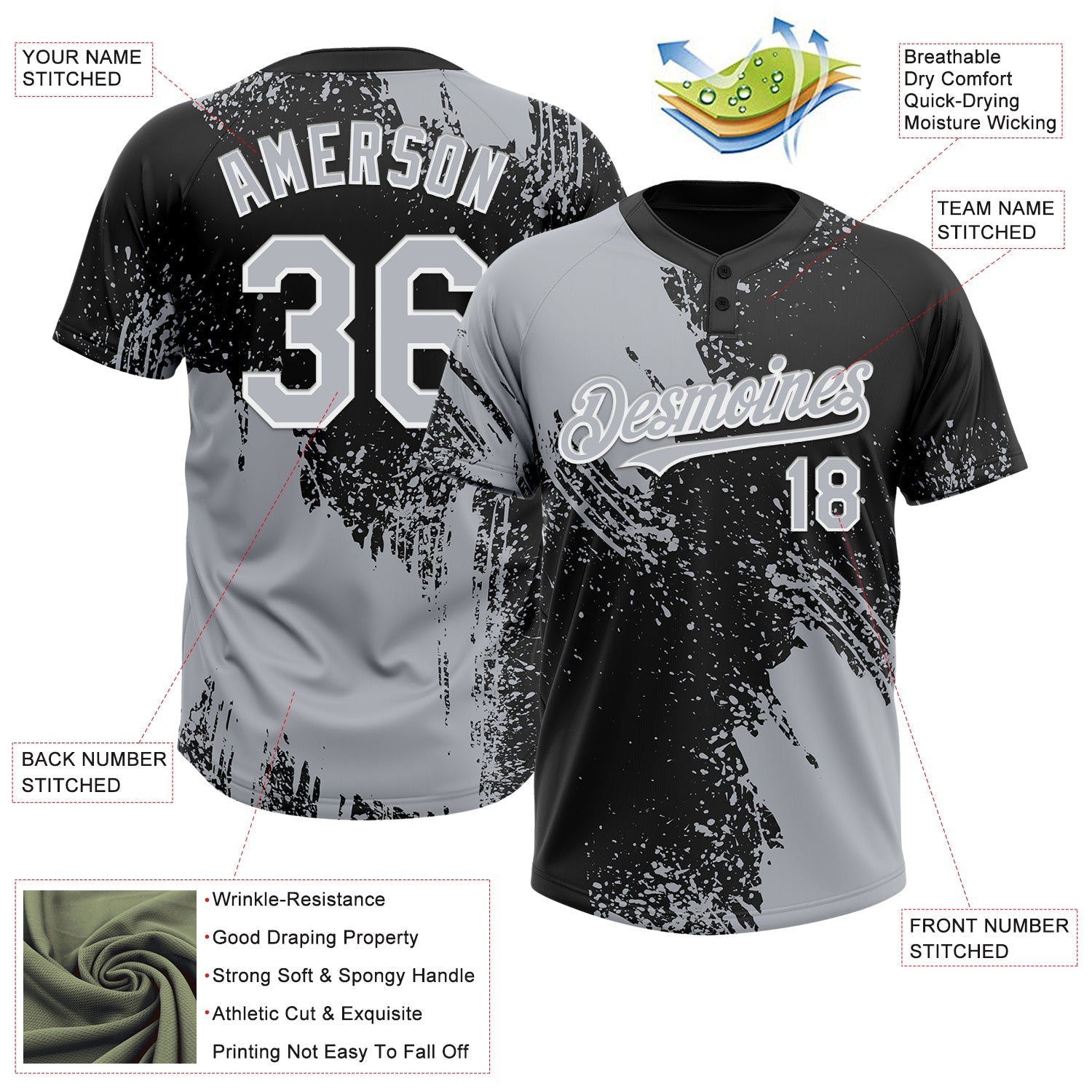 Custom Gray Black-White 3D Pattern Abstract Brush Stroke Two-Button Unisex Softball Jersey view 3