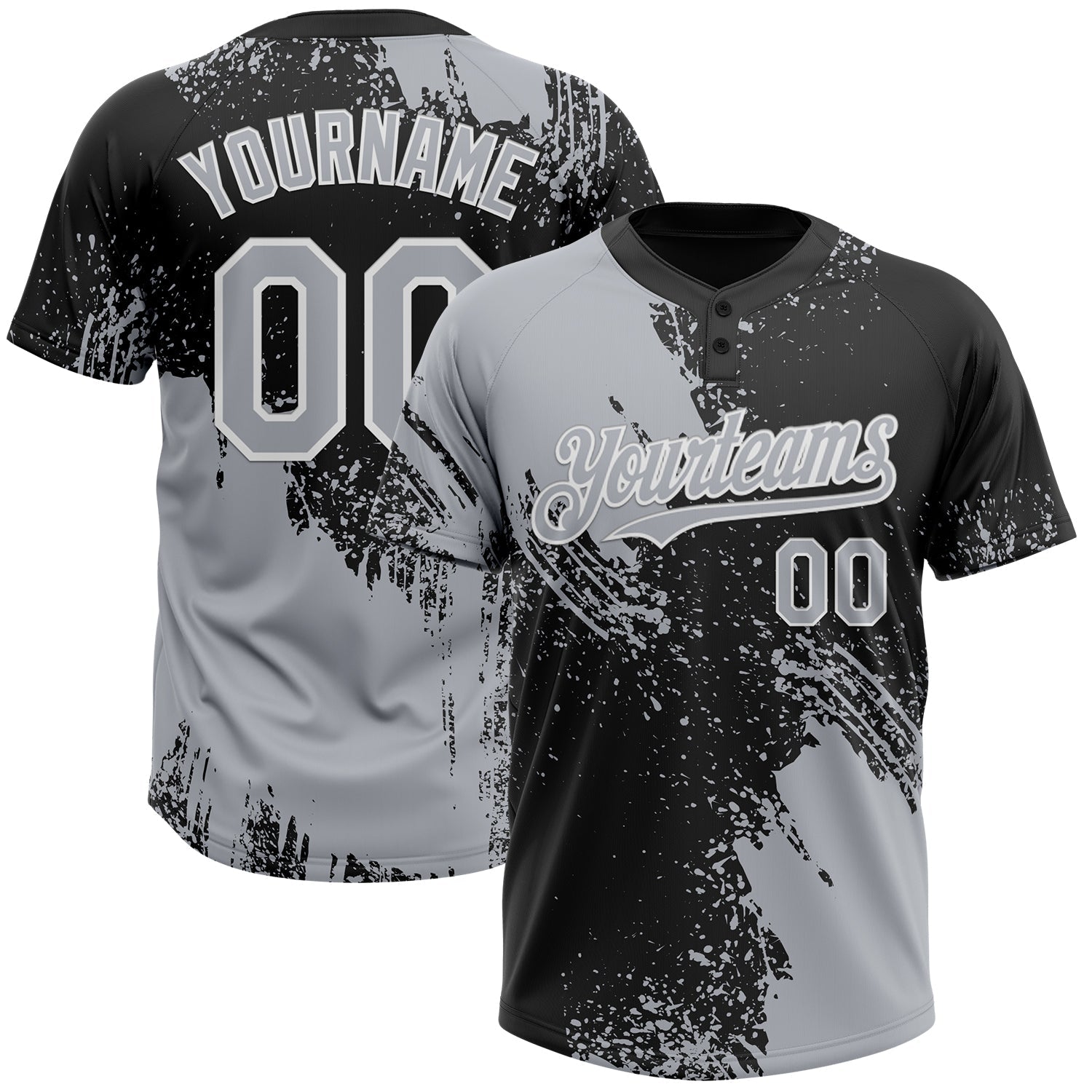 Custom Gray Black-White 3D Pattern Abstract Brush Stroke Two-Button Unisex Softball Jersey - Main View