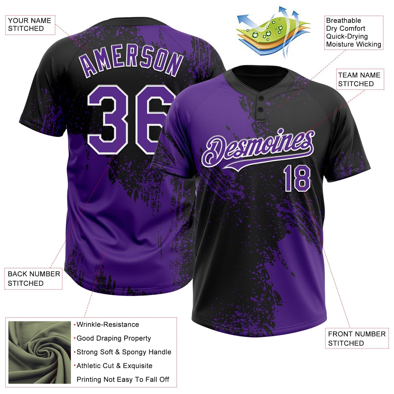 Custom Purple Black-White 3D Pattern Abstract Brush Stroke Two-Button Unisex Softball Jersey view 3