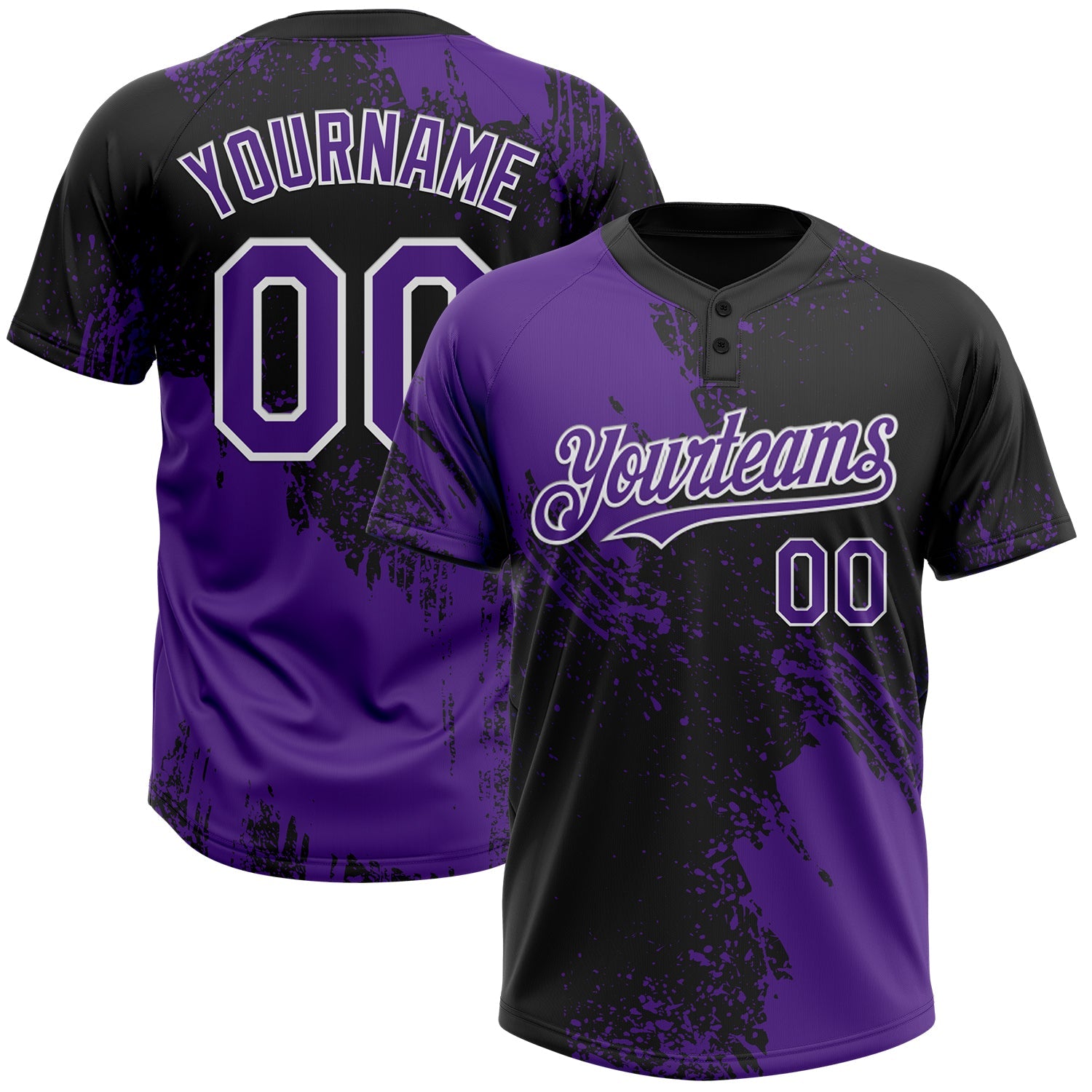 Custom Purple Black-White 3D Pattern Abstract Brush Stroke Two-Button Unisex Softball Jersey - Main View