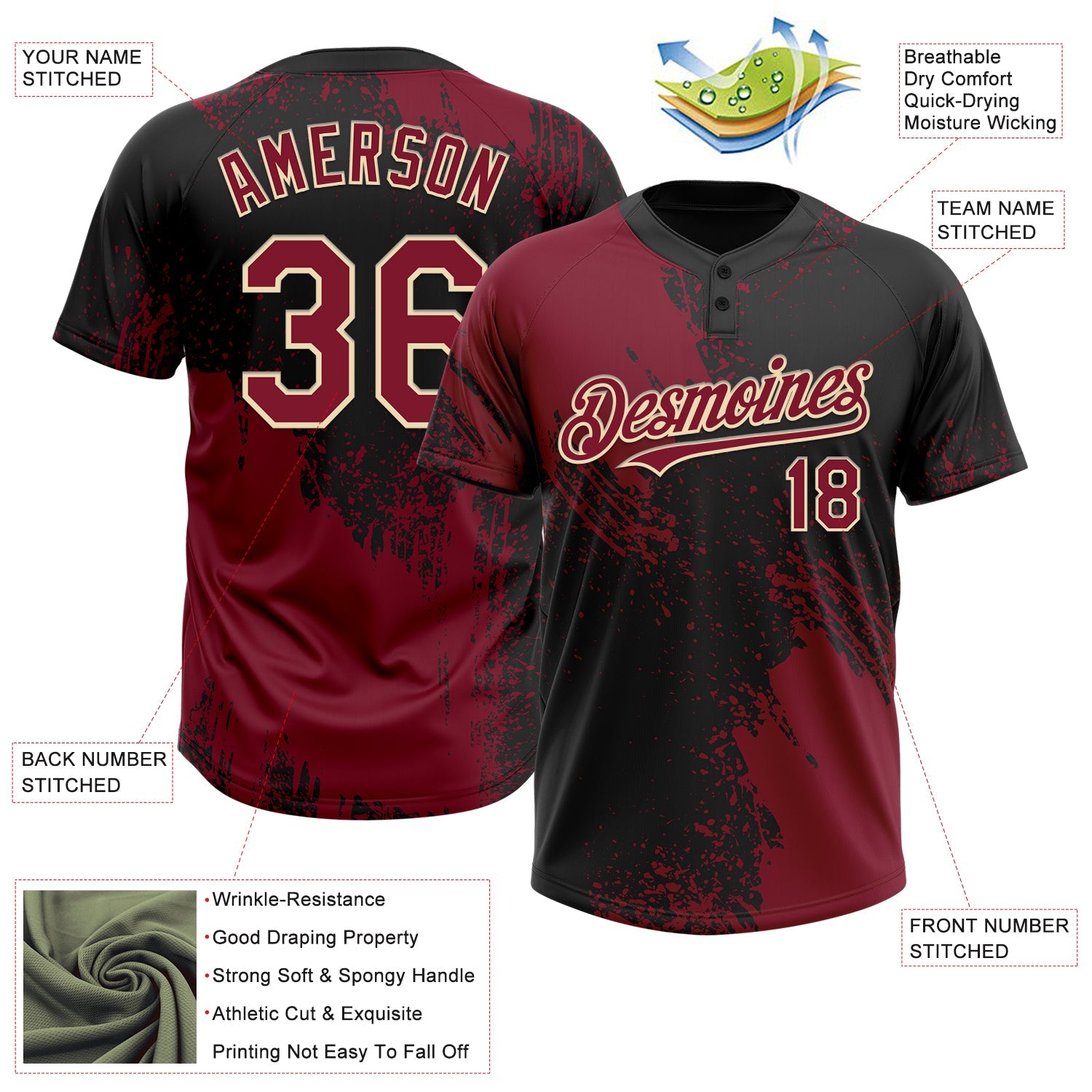 Custom Crimson Black-Cream 3D Pattern Abstract Brush Stroke Two-Button Unisex Softball Jersey view 3