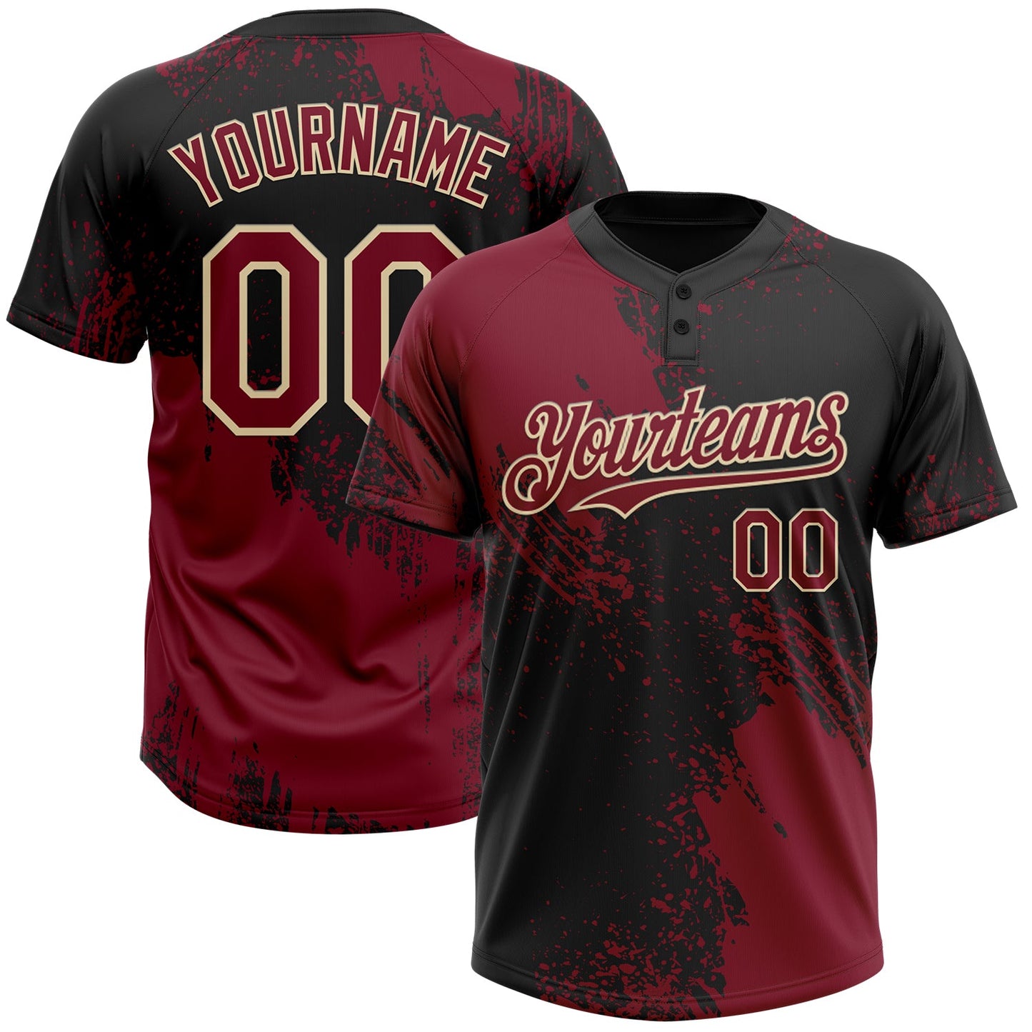 Custom Crimson Black-Cream 3D Pattern Abstract Brush Stroke Two-Button Unisex Softball Jersey - Main View