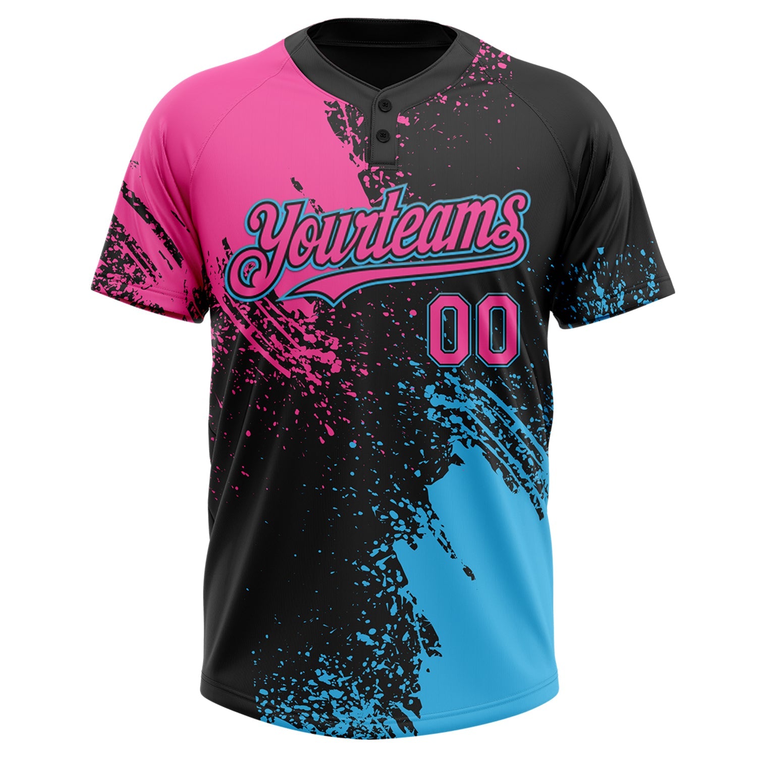 Custom Black Pink-Sky Blue 3D Pattern Abstract Brush Stroke Two-Button Unisex Softball Jersey view 3