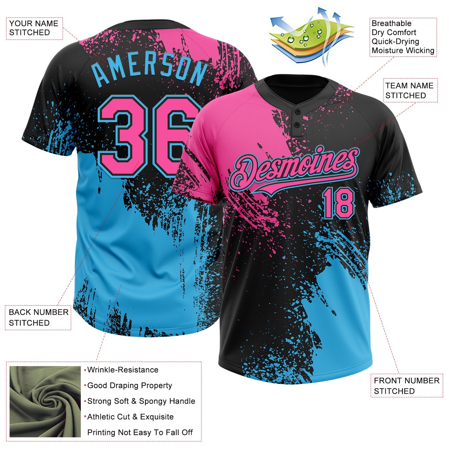Custom Black Pink-Sky Blue 3D Pattern Abstract Brush Stroke Two-Button Unisex Softball Jersey view 4