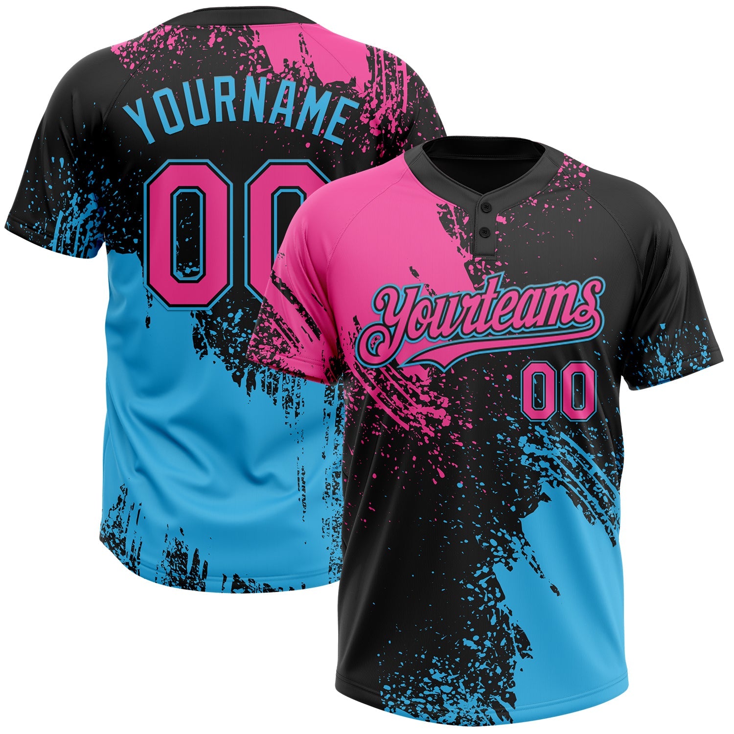 Custom Black Pink-Sky Blue 3D Pattern Abstract Brush Stroke Two-Button Unisex Softball Jersey - Main View