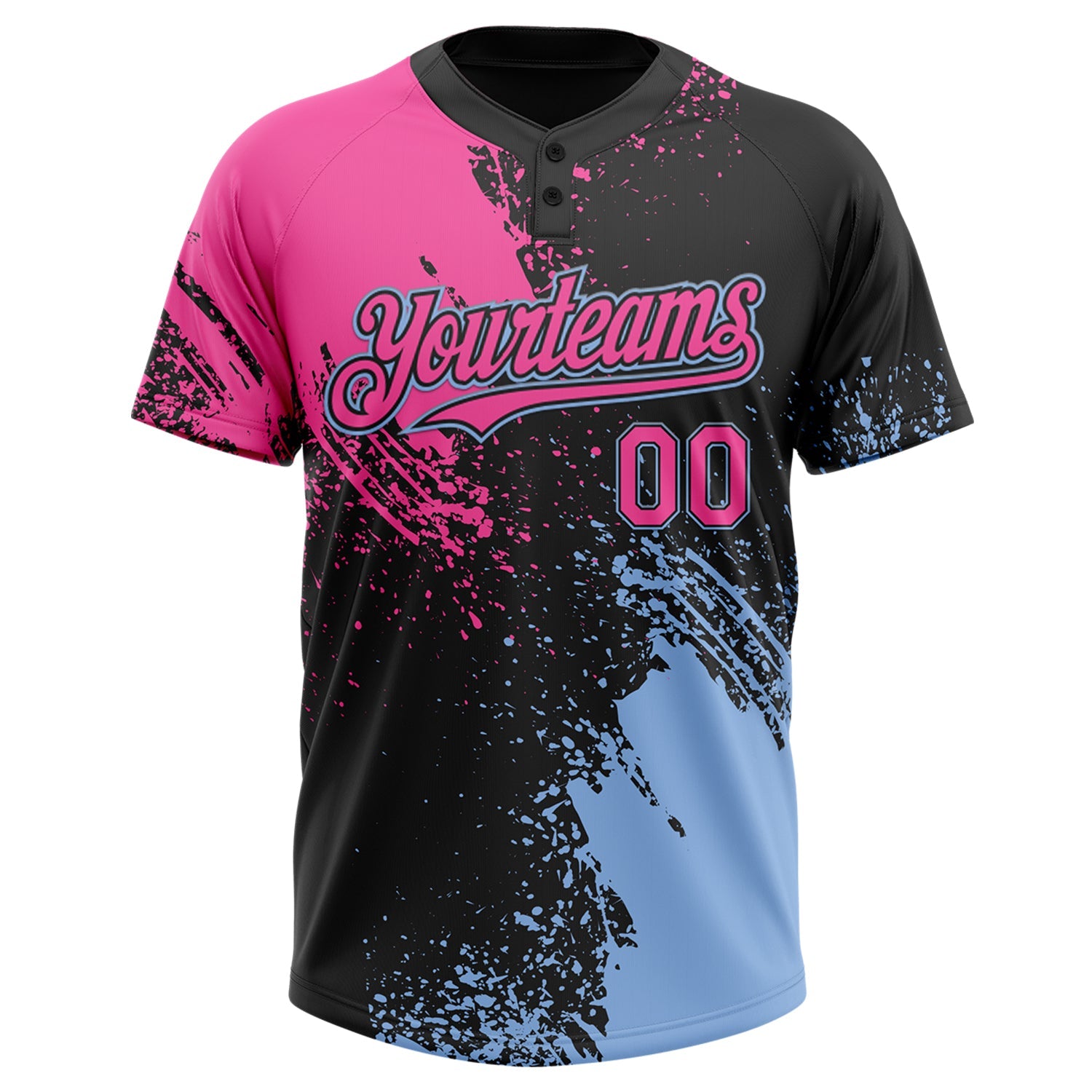 Custom Black Pink-Light Blue 3D Pattern Abstract Brush Stroke Two-Button Unisex Softball Jersey view 2