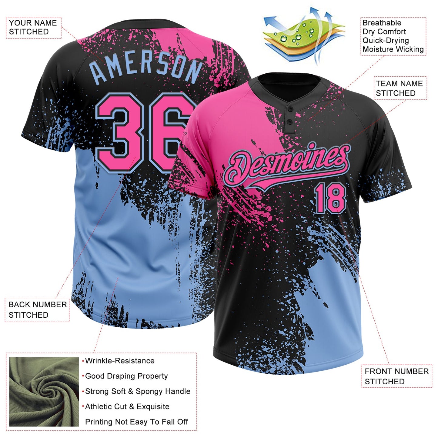 Custom Black Pink-Light Blue 3D Pattern Abstract Brush Stroke Two-Button Unisex Softball Jersey view 3