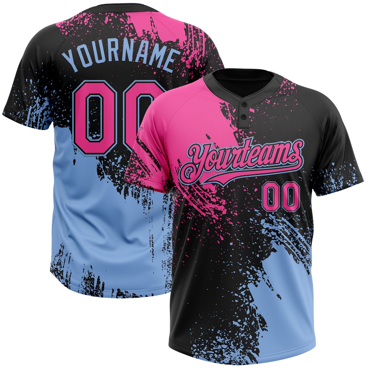 Custom Black Pink-Light Blue 3D Pattern Abstract Brush Stroke Two-Button Unisex Softball Jersey - Main View