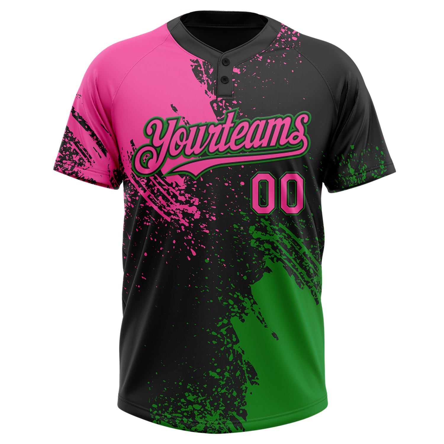 Custom Black Pink-Grass Green 3D Pattern Abstract Brush Stroke Two-Button Unisex Softball Jersey view 2