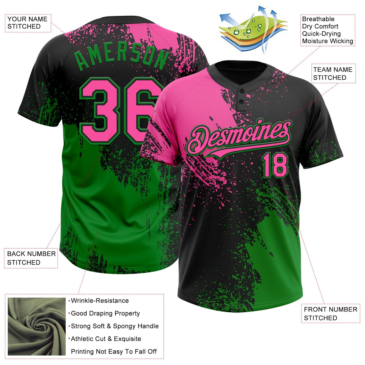 Custom Black Pink-Grass Green 3D Pattern Abstract Brush Stroke Two-Button Unisex Softball Jersey view 3