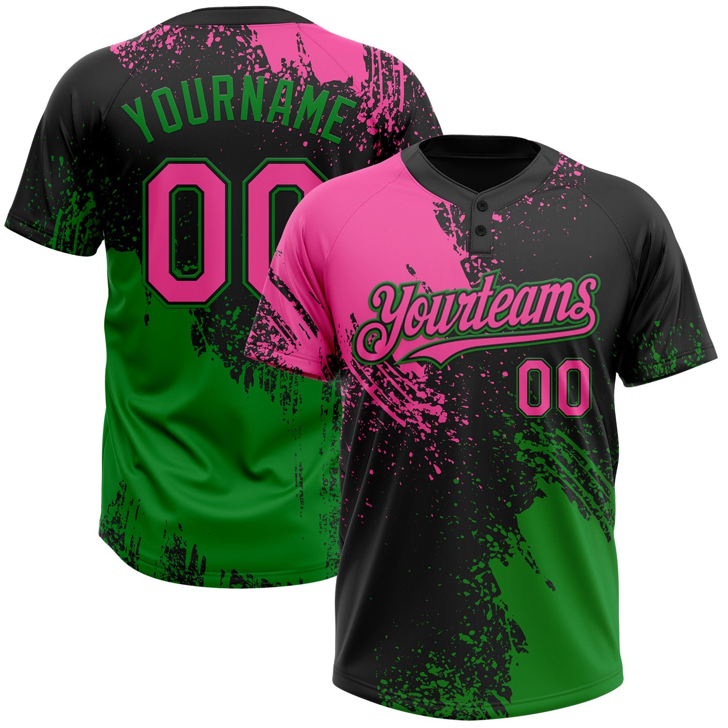 Custom Black Pink-Grass Green 3D Pattern Abstract Brush Stroke Two-Button Unisex Softball Jersey - Main View