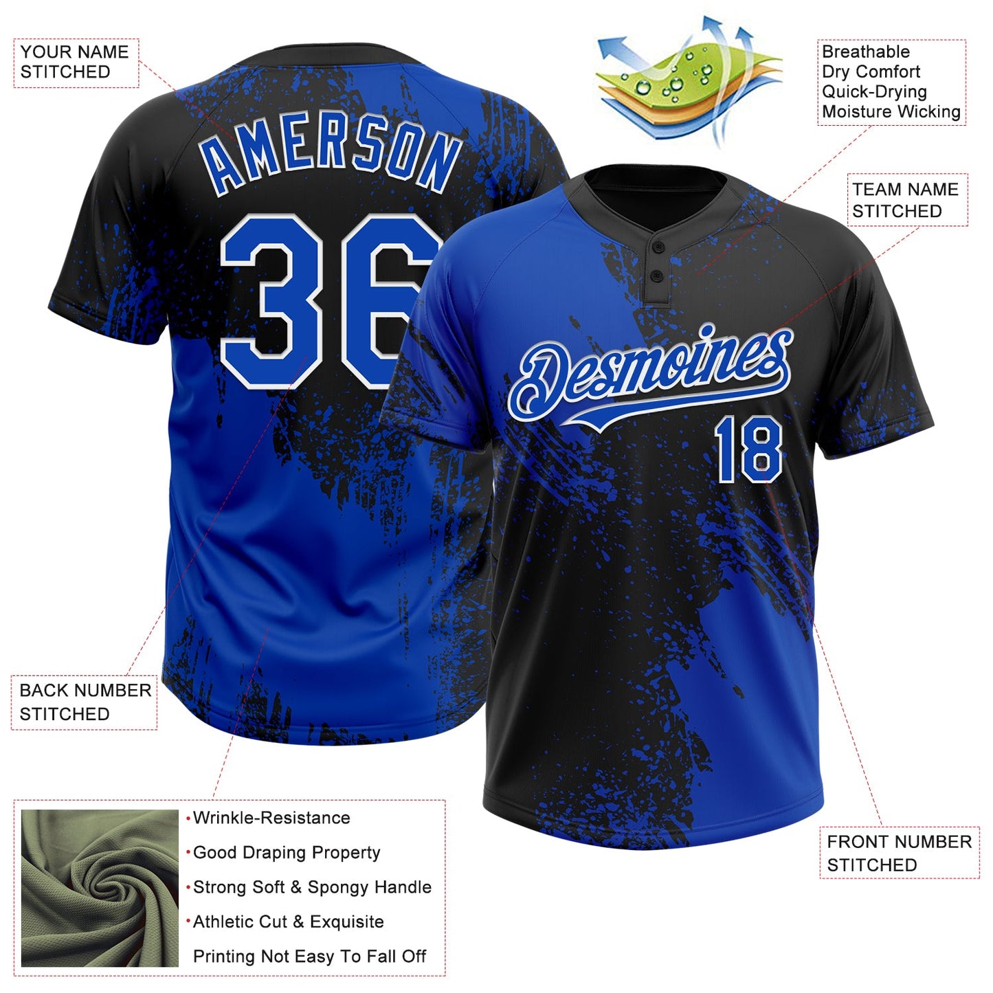 Custom Black Thunder Blue-White 3D Pattern Abstract Brush Stroke Two-Button Unisex Softball Jersey view 3
