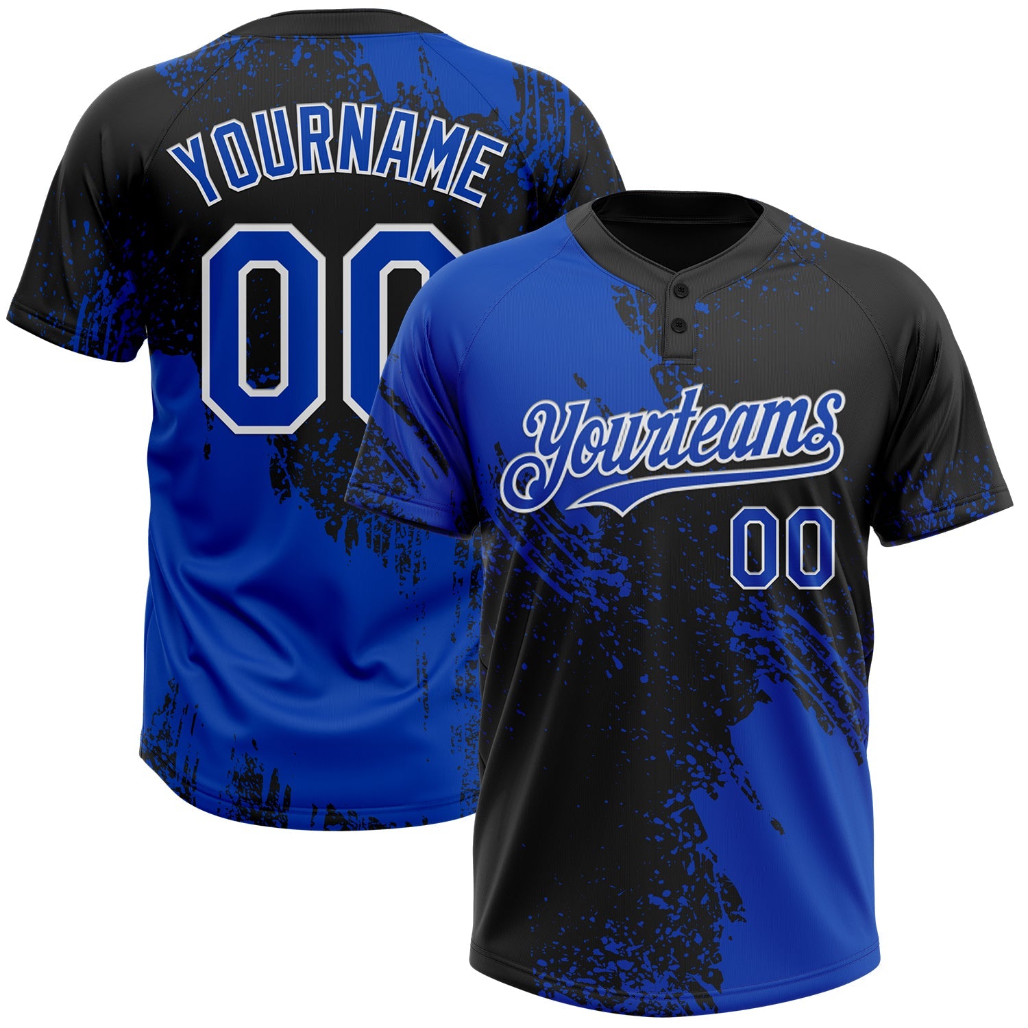 Custom Black Thunder Blue-White 3D Pattern Abstract Brush Stroke Two-Button Unisex Softball Jersey - Main View