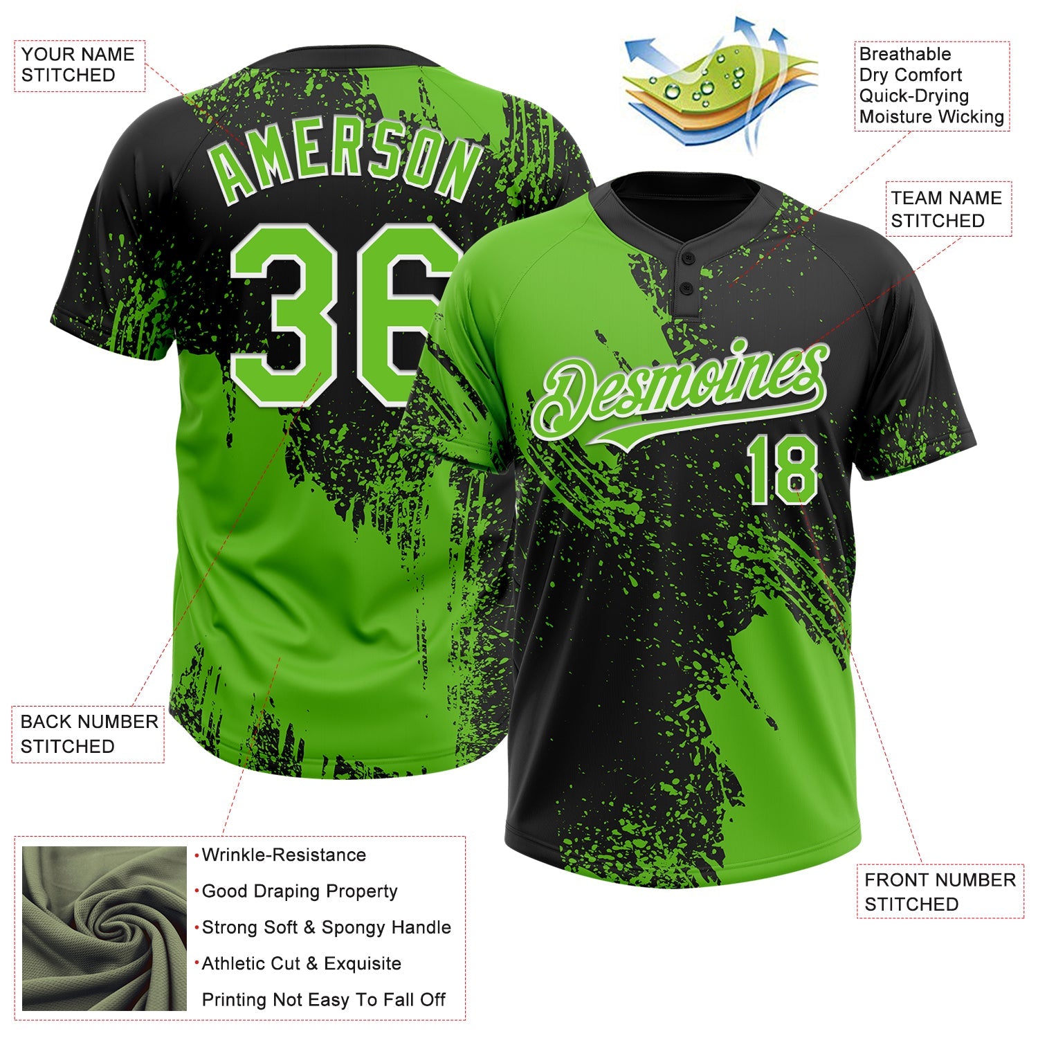 Custom Black Aurora Green-White 3D Pattern Abstract Brush Stroke Two-Button Unisex Softball Jersey view 3
