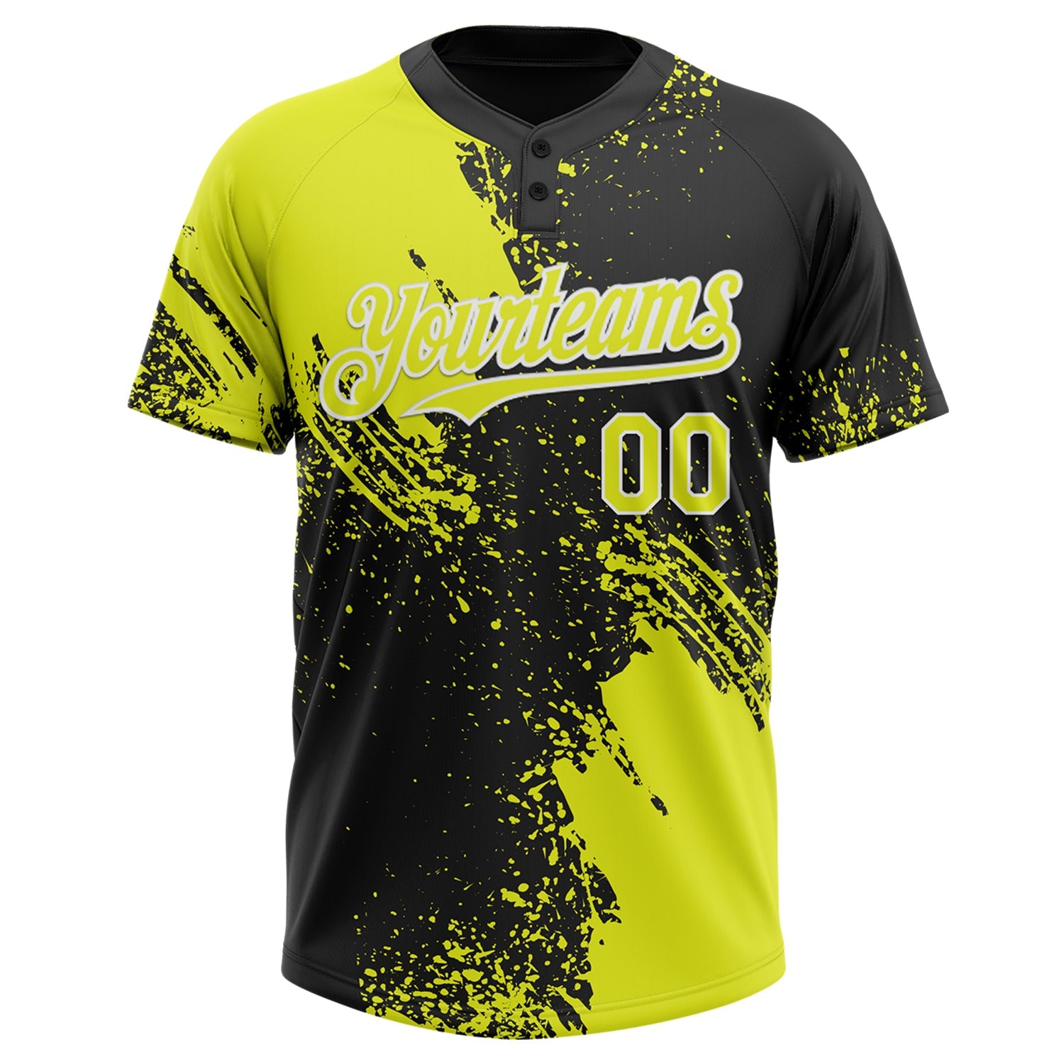 Custom Black Neon Yellow-White 3D Pattern Abstract Brush Stroke Two-Button Unisex Softball Jersey view 2