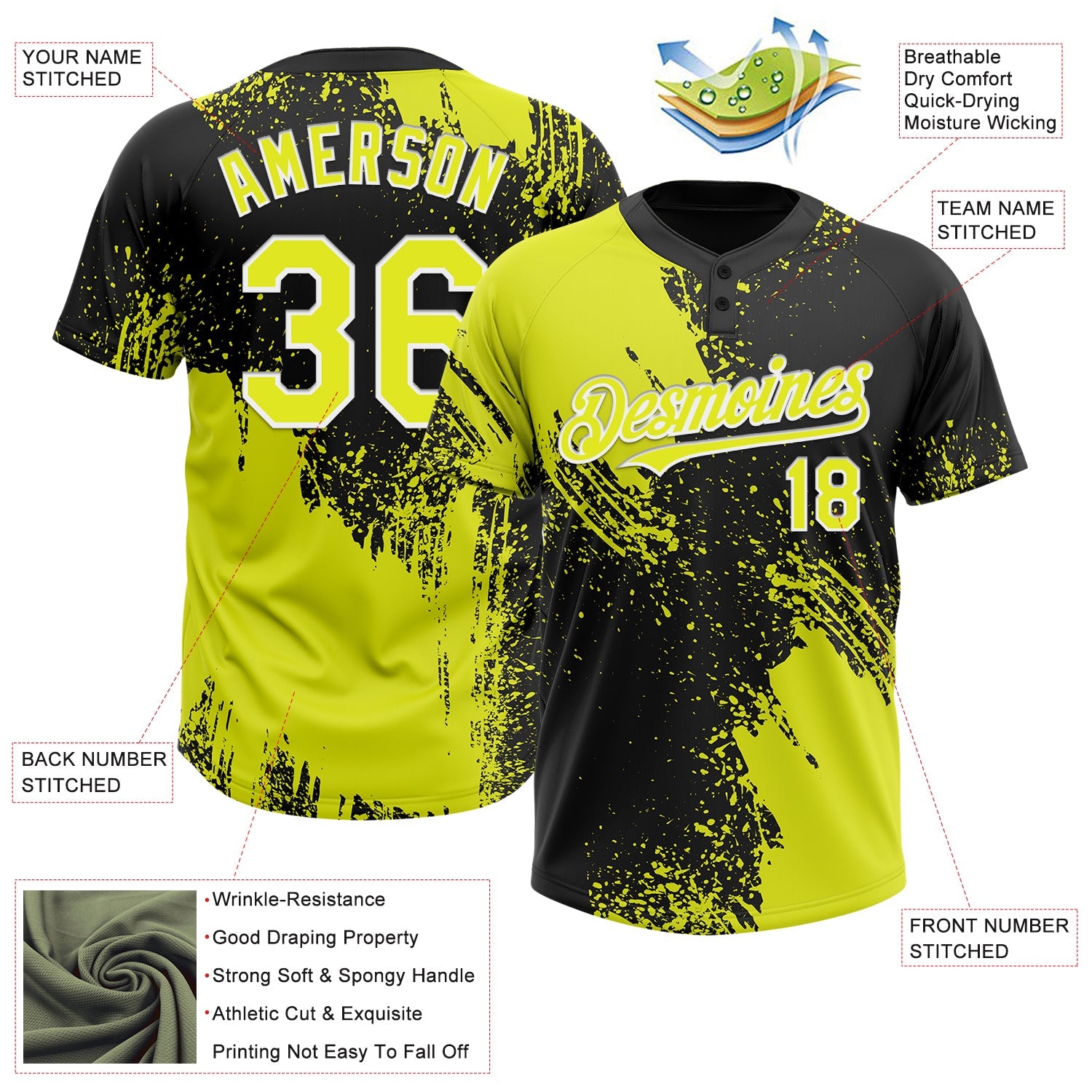 Custom Black Neon Yellow-White 3D Pattern Abstract Brush Stroke Two-Button Unisex Softball Jersey view 3