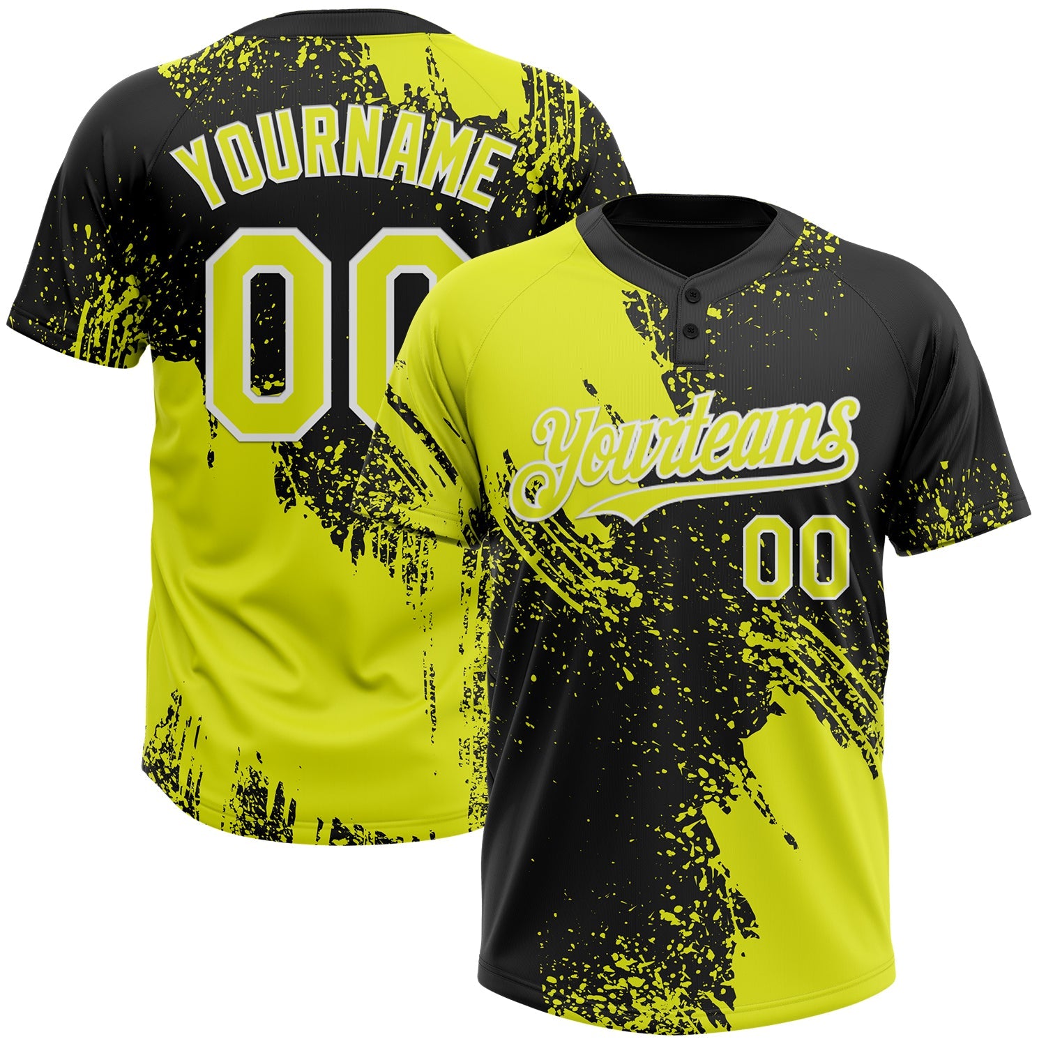 Custom Black Neon Yellow-White 3D Pattern Abstract Brush Stroke Two-Button Unisex Softball Jersey - Main View