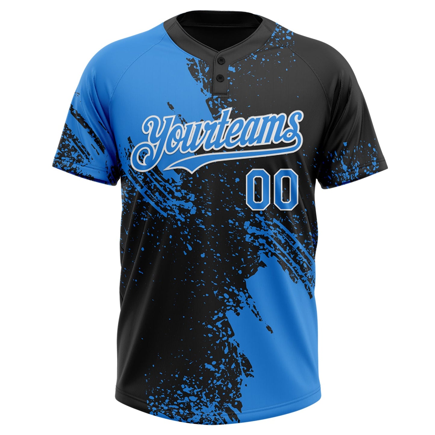 Custom Black Electric Blue-White 3D Pattern Abstract Brush Stroke Two-Button Unisex Softball Jersey view 2