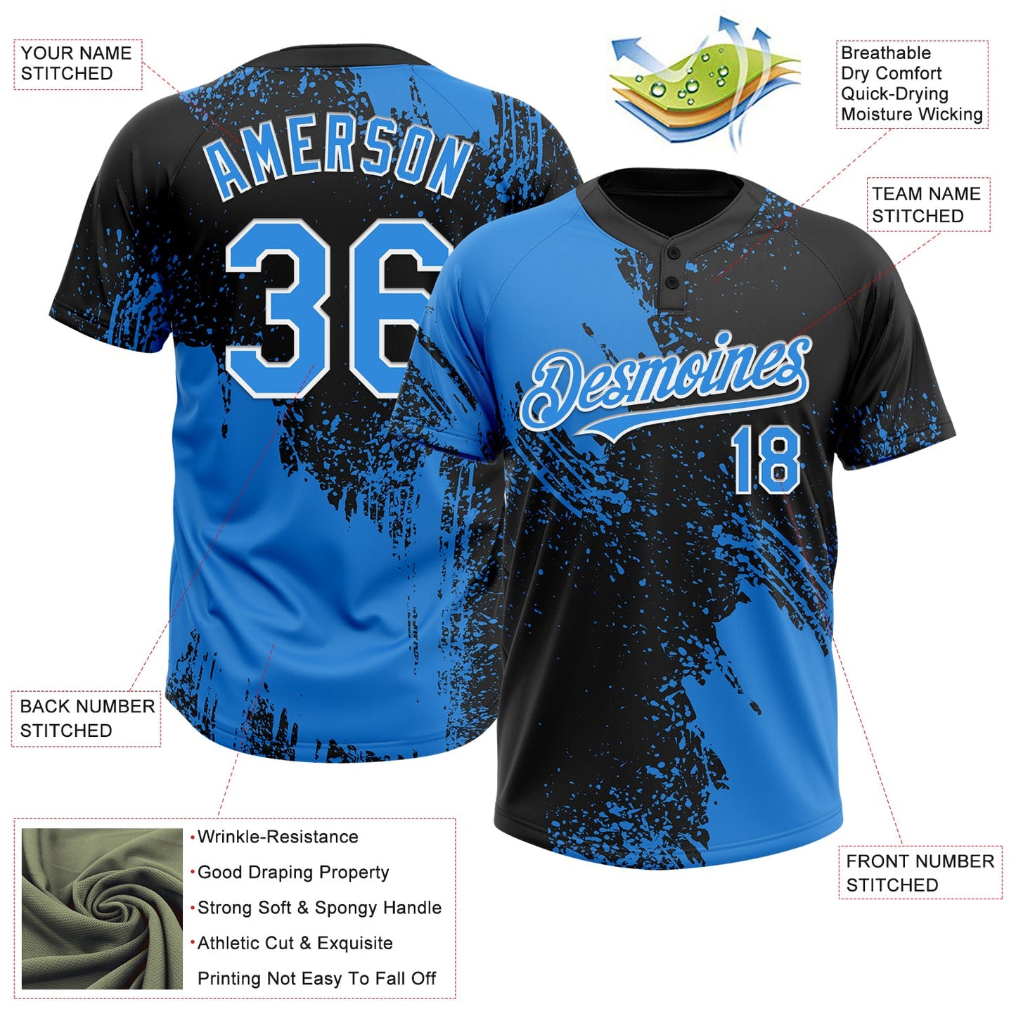 Custom Black Electric Blue-White 3D Pattern Abstract Brush Stroke Two-Button Unisex Softball Jersey view 3