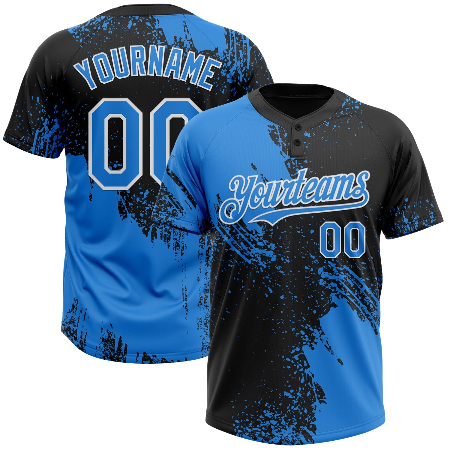 Custom Black Electric Blue-White 3D Pattern Abstract Brush Stroke Two-Button Unisex Softball Jersey - Main View