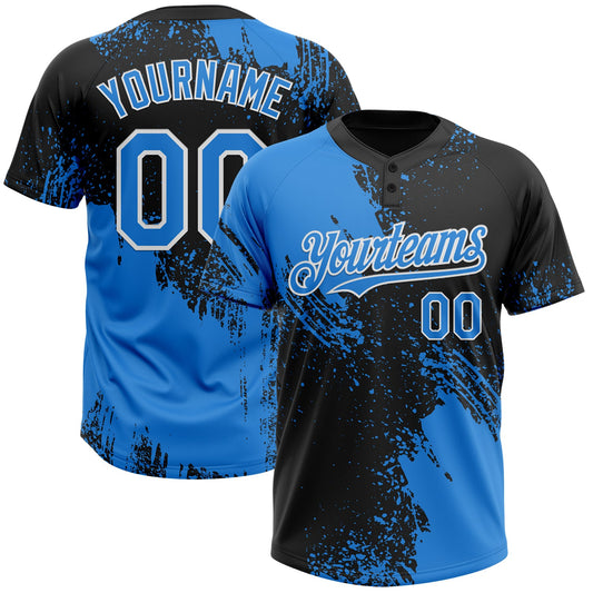Custom Black Electric Blue-White 3D Pattern Abstract Brush Stroke Two-Button Unisex Softball Jersey - Main View
