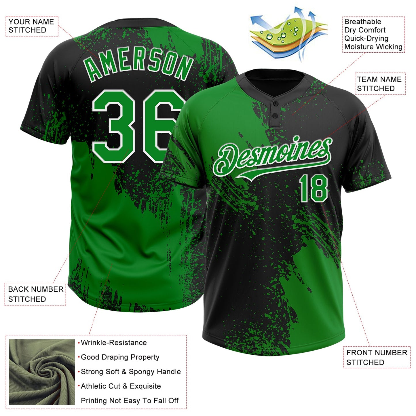 Custom Black Grass Green-White 3D Pattern Abstract Brush Stroke Two-Button Unisex Softball Jersey view 3
