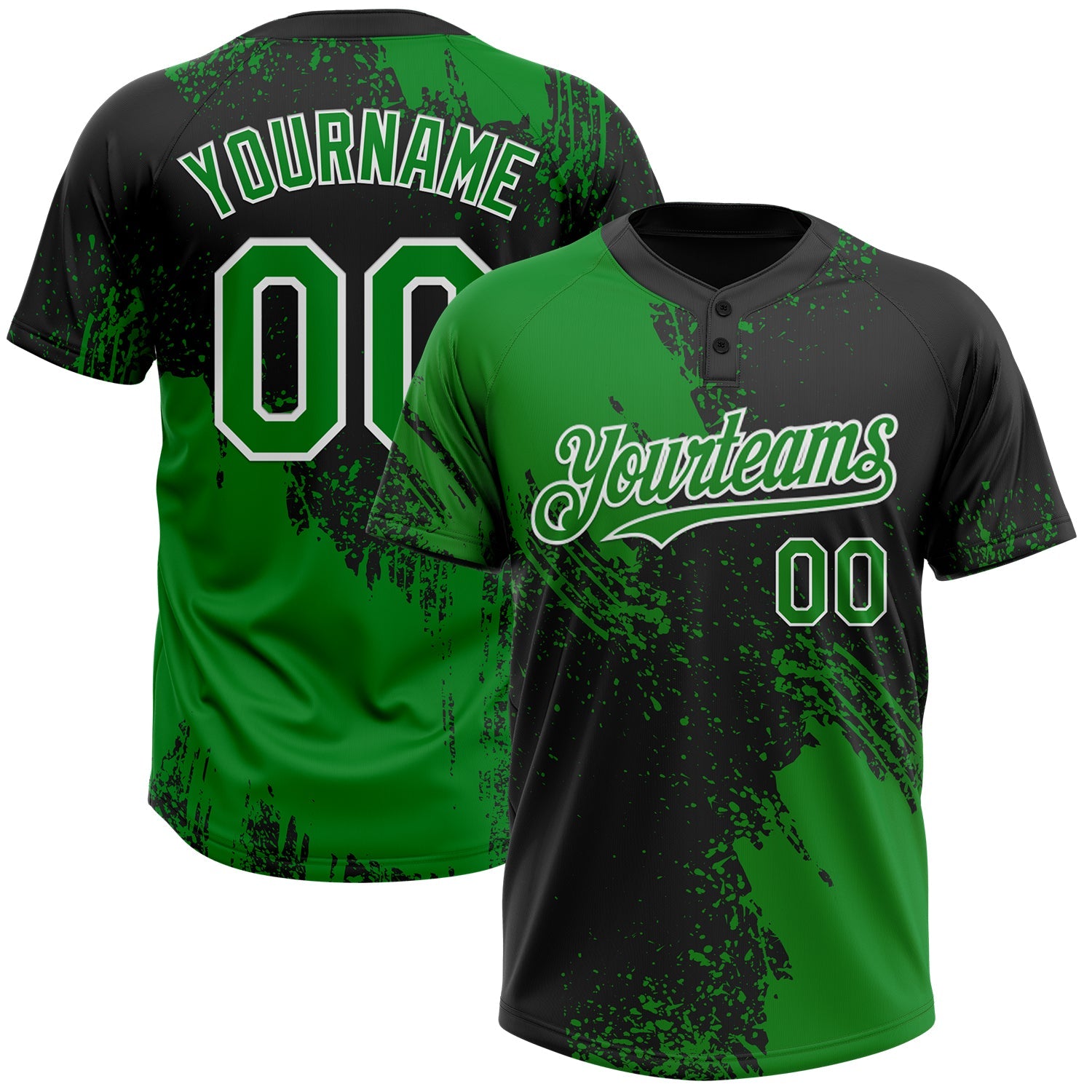 Custom Black Grass Green-White 3D Pattern Abstract Brush Stroke Two-Button Unisex Softball Jersey - Main View