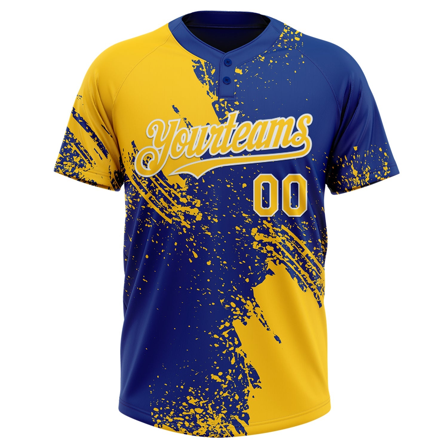 Custom Yellow Royal-White 3D Pattern Abstract Brush Stroke Two-Button Unisex Softball Jersey view 2