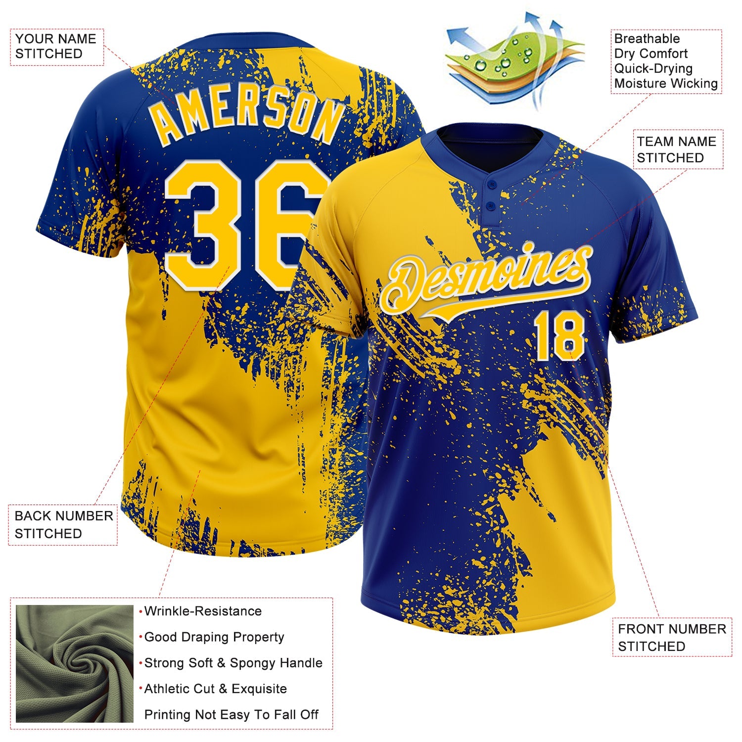 Custom Yellow Royal-White 3D Pattern Abstract Brush Stroke Two-Button Unisex Softball Jersey view 3