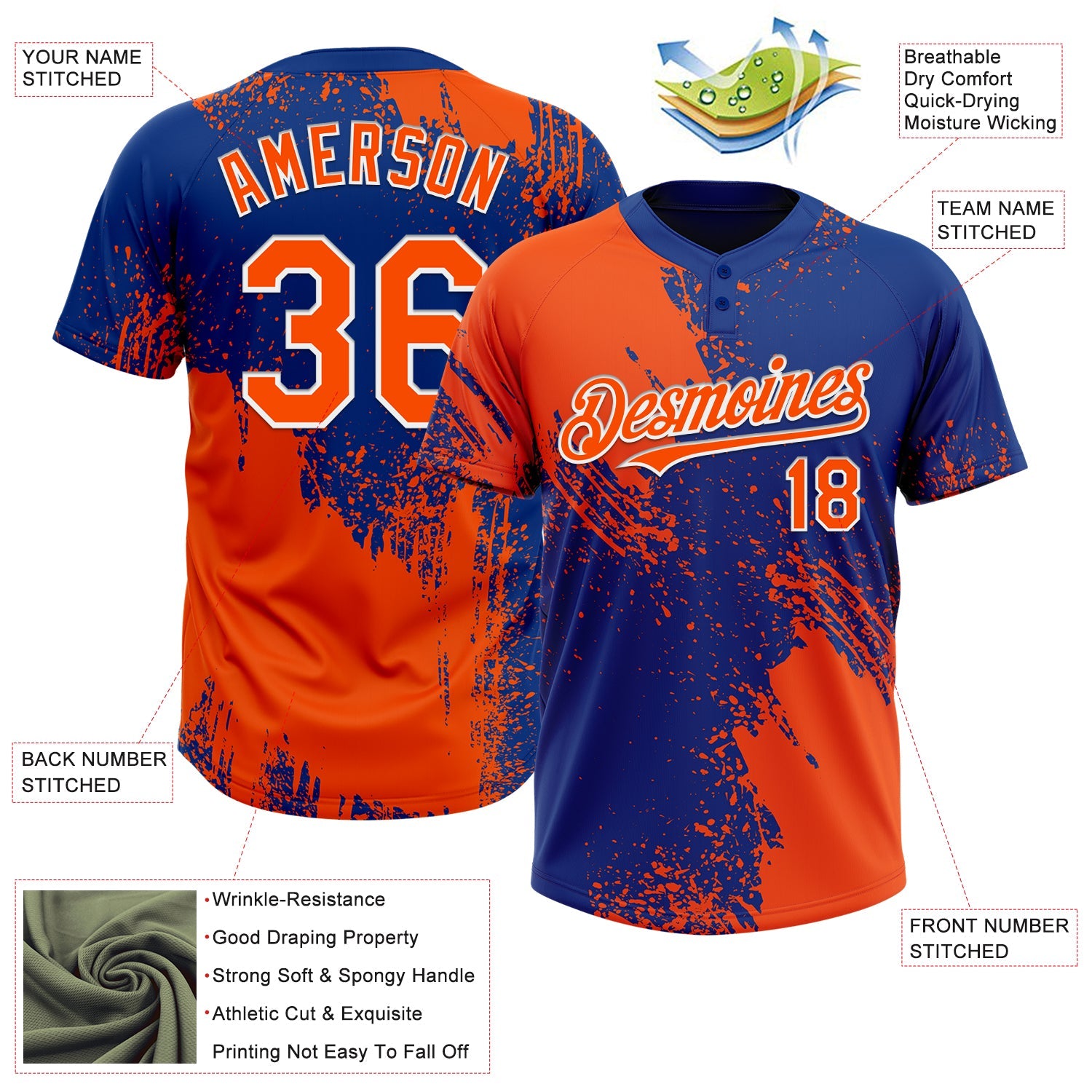 Custom Orange Royal-White 3D Pattern Abstract Brush Stroke Two-Button Unisex Softball Jersey view 3