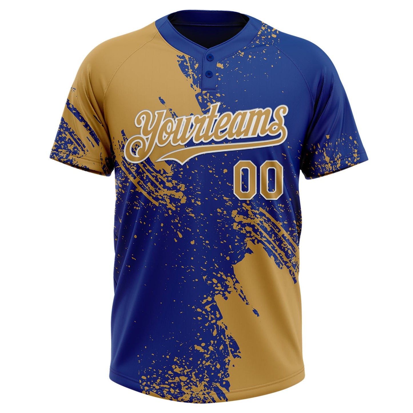 Custom Old Gold Royal-White 3D Pattern Abstract Brush Stroke Two-Button Unisex Softball Jersey view 2