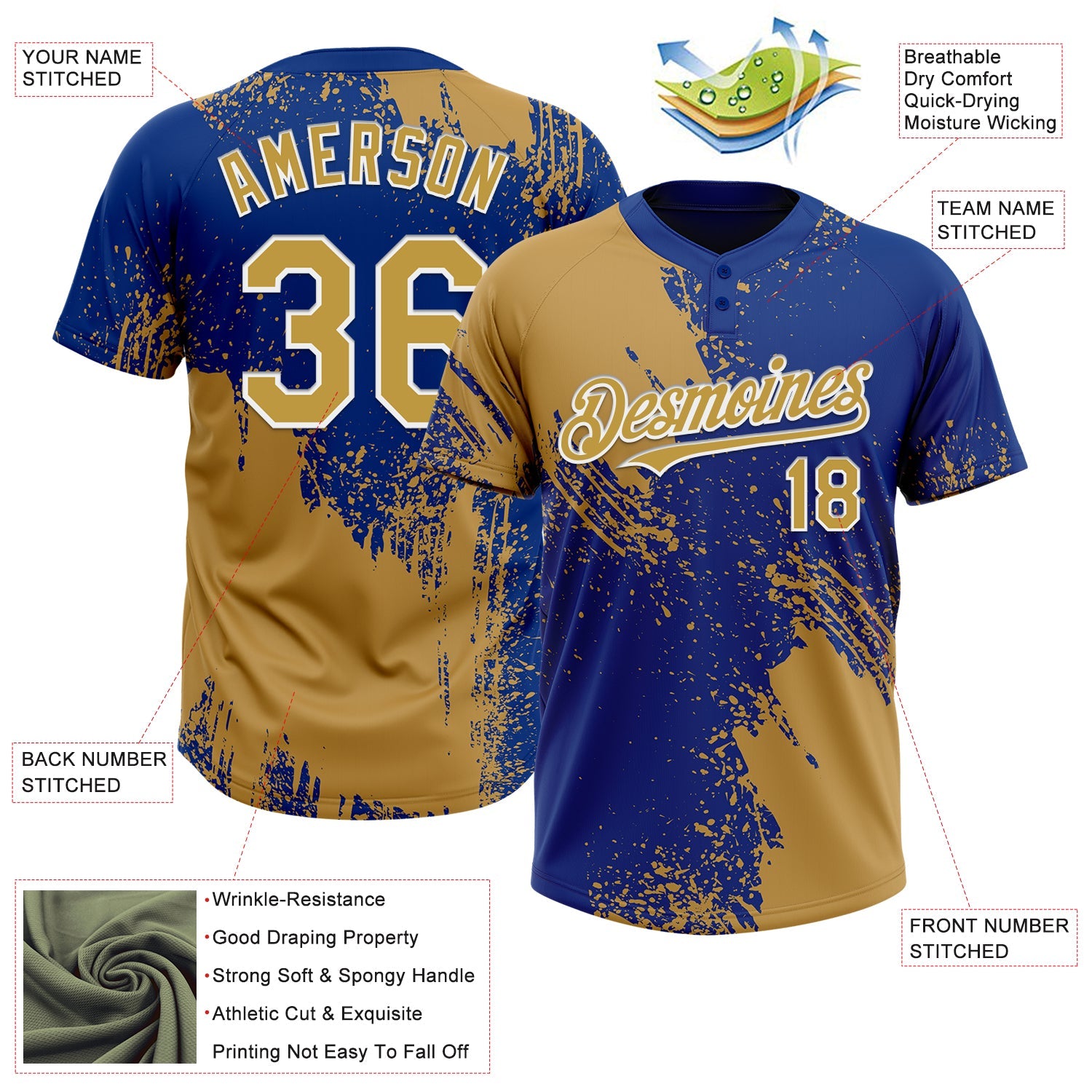 Custom Old Gold Royal-White 3D Pattern Abstract Brush Stroke Two-Button Unisex Softball Jersey view 3