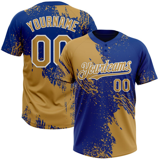Custom Old Gold Royal-White 3D Pattern Abstract Brush Stroke Two-Button Unisex Softball Jersey - Main View