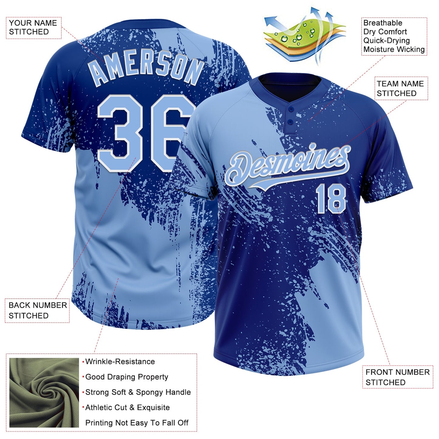 Custom Light Blue Royal-White 3D Pattern Abstract Brush Stroke Two-Button Unisex Softball Jersey view 3